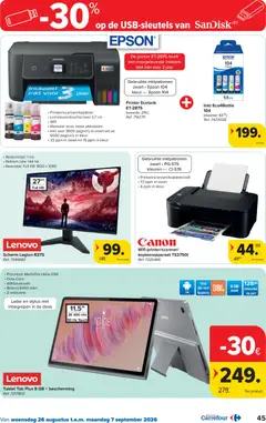 Wifi-printer/scanner/kopieerapparaat TS3750I, Gebruikte inktpatronen zwart • PG-575, kleuren ••• CI-576, Printen/scannen/kopiëren/wifi, 7,7 ppm in zwart, 4 ppm in kleur - Voorbeeld van een folder van Carrefour, geldig van 26/08/2026 | Pagina: 45