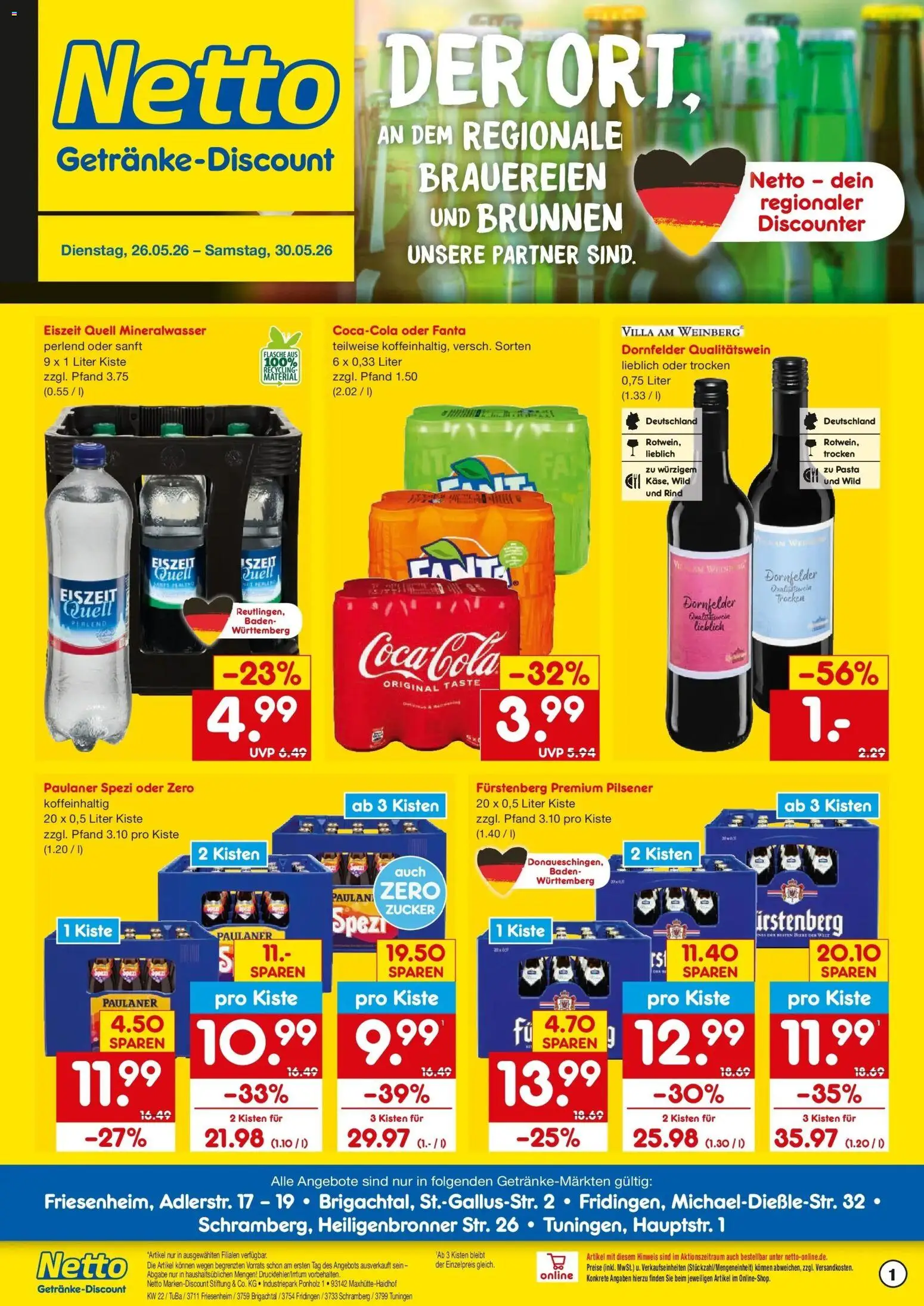 Netto Marken-Discount Prospekt Schramberg – gültig ab 26.05.2026 | Seite: 1 | Produkte: Paulaner spezi, Mineralwasser, Pasta, Paulaner