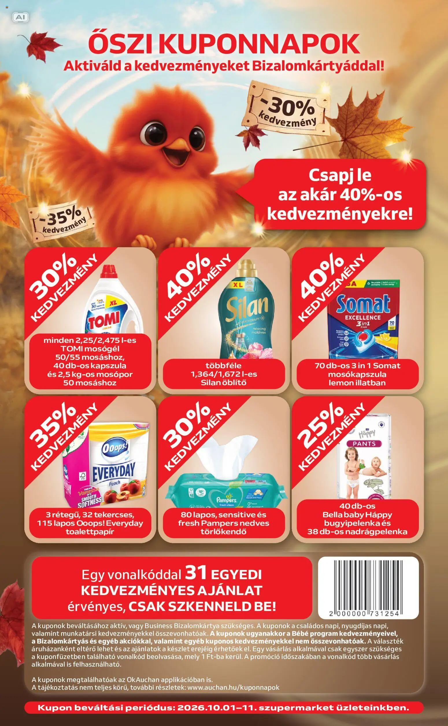 Auchan akciós ujság - amely érvényes a következő dátumtól: 2026.10.01. | Oldal: 4 | Termékek: Pampers, Öblítő, Nedves törlőkendő, Mosópor