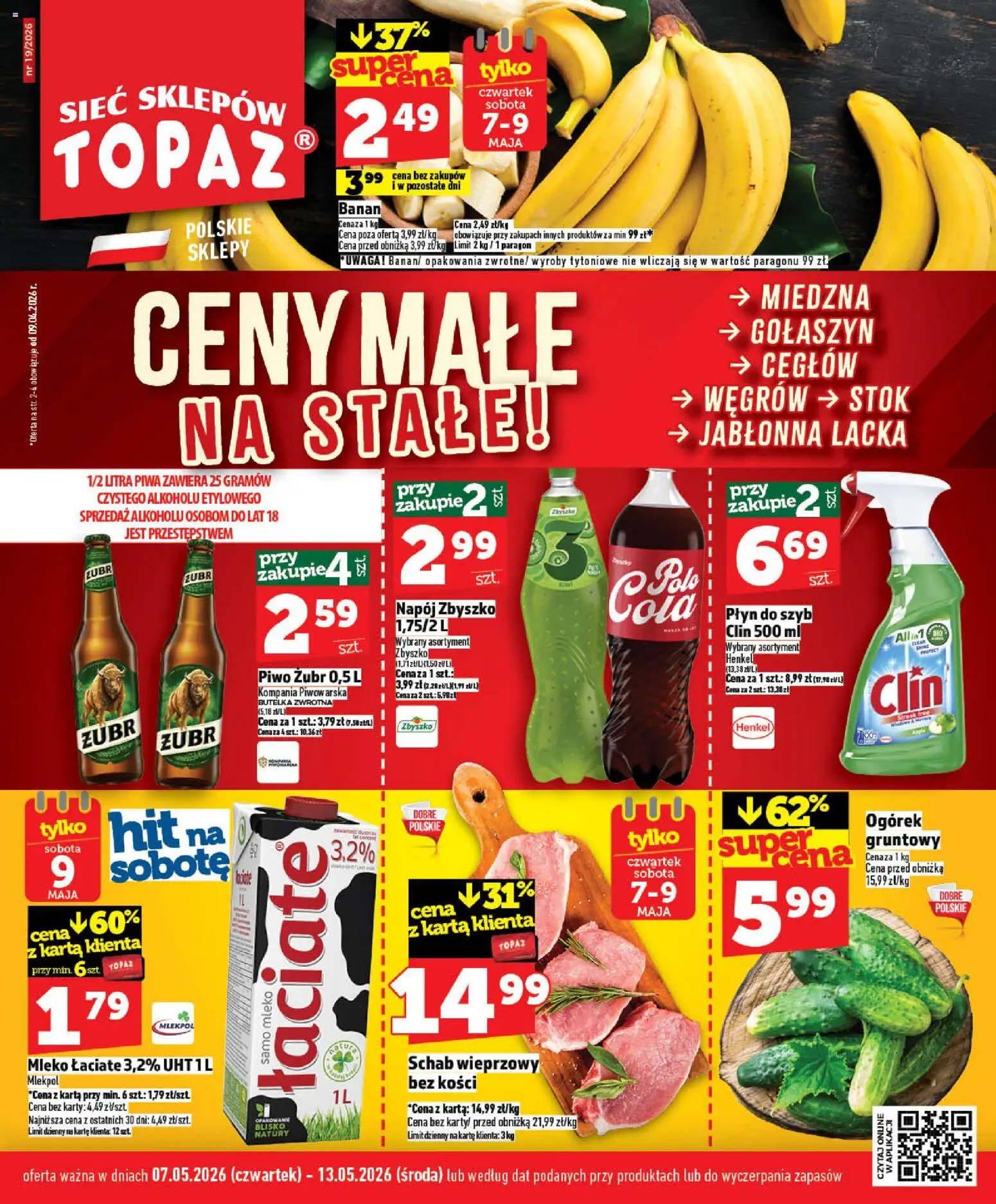 Topaz gazetka - Ceny małe na stałe od 07.05.2026 | Strona: 1 | Produkty: Piwo żubr, Karta, Mleko, Piwo