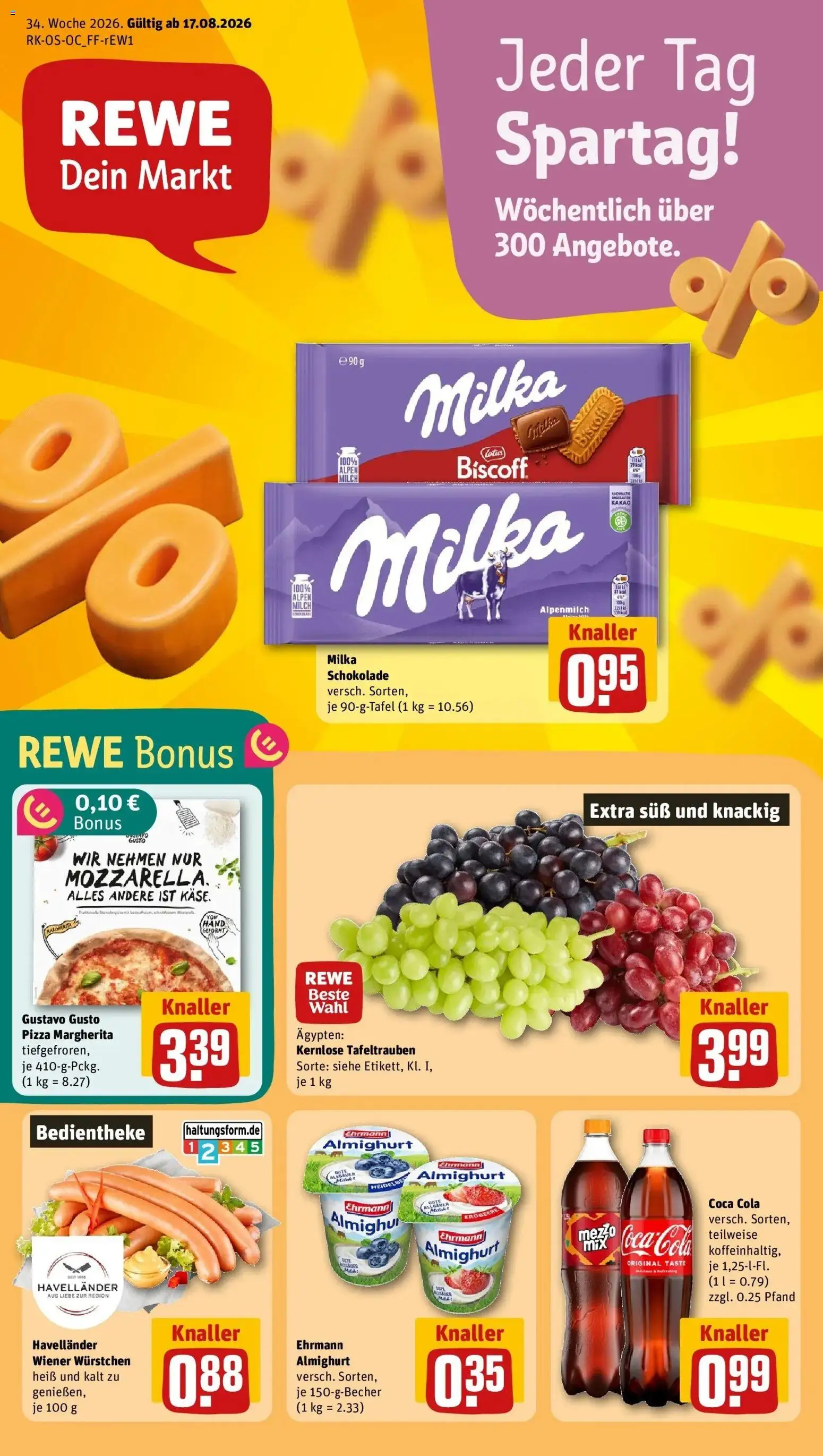 REWE Prospekt ab 17.08.2026 zum Blättern » Angebote | Seite: 1 | Produkte: Wiener wurstchen, Coca cola, Cola, Milka schokolade