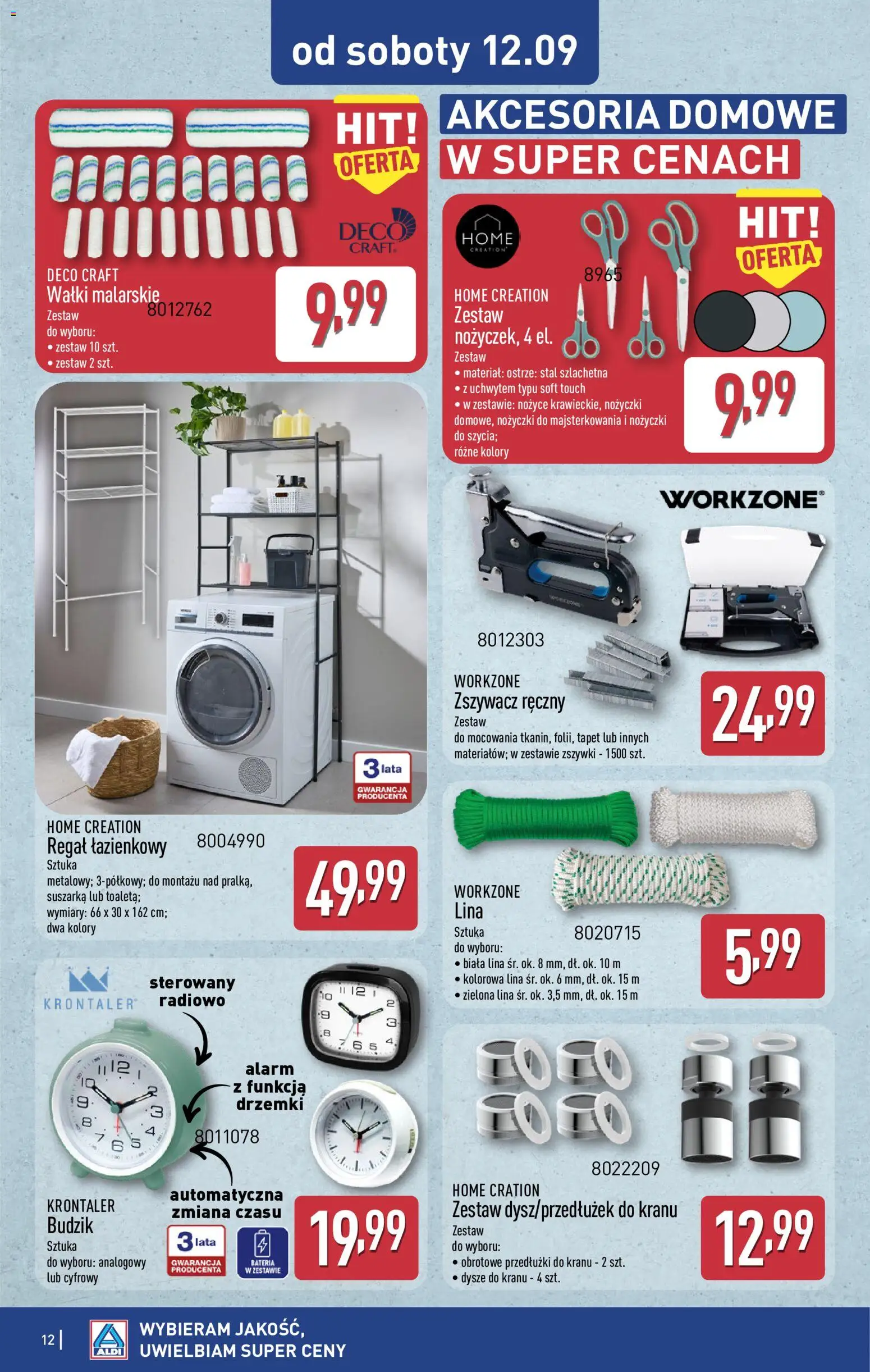 Aldi gazetka - Hity od Środy i od Soboty od 09.09.2026 | Strona: 12 | Produkty: Budzik, Akcesoria domowe, Regał łazienkowy, Regał