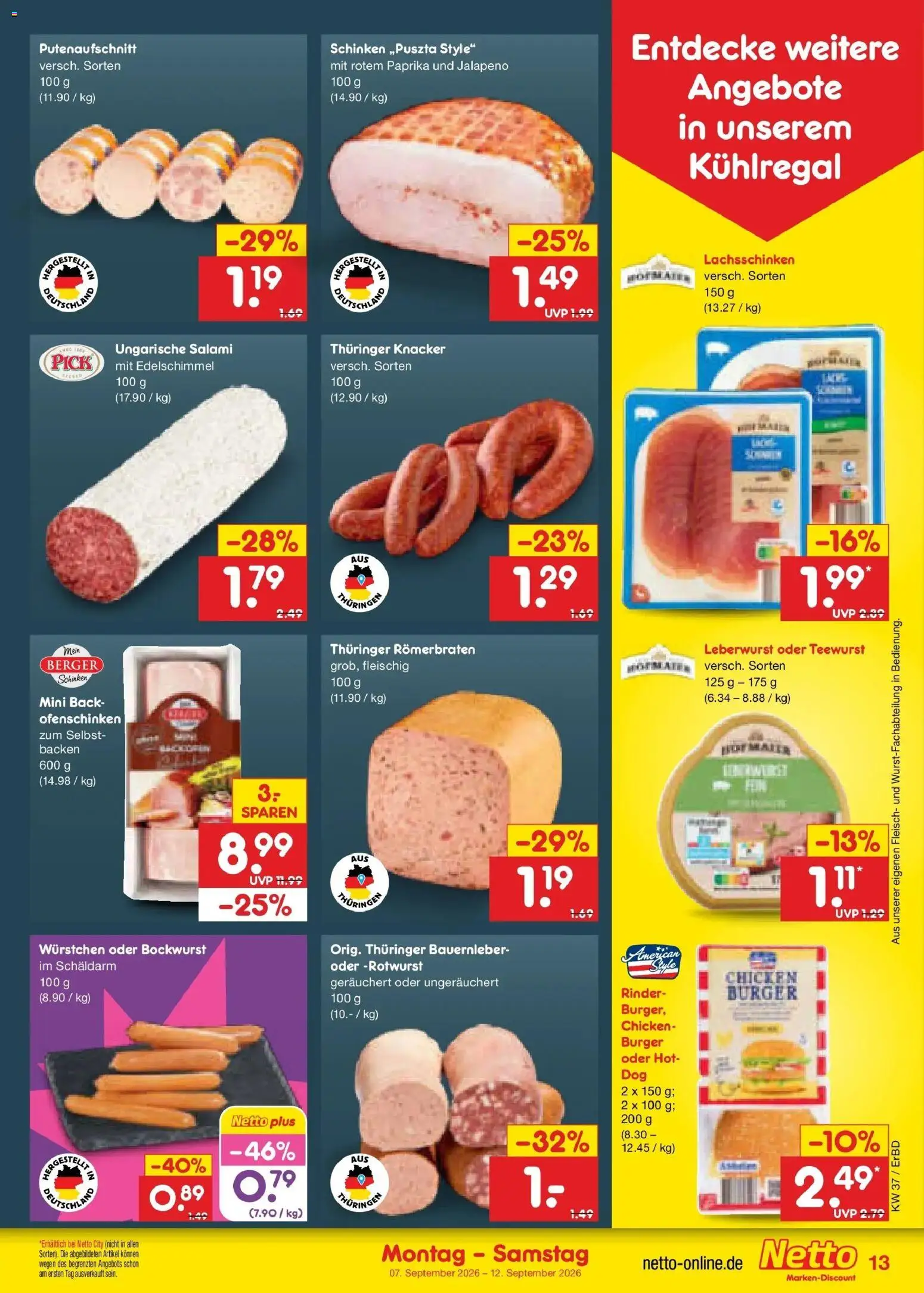 Netto Marken-Discount Prospekt Weimar – gültig ab 07.09.2026 | Seite: 19 | Produkte: Bockwurst, Burger, Schinken, Fleisch
