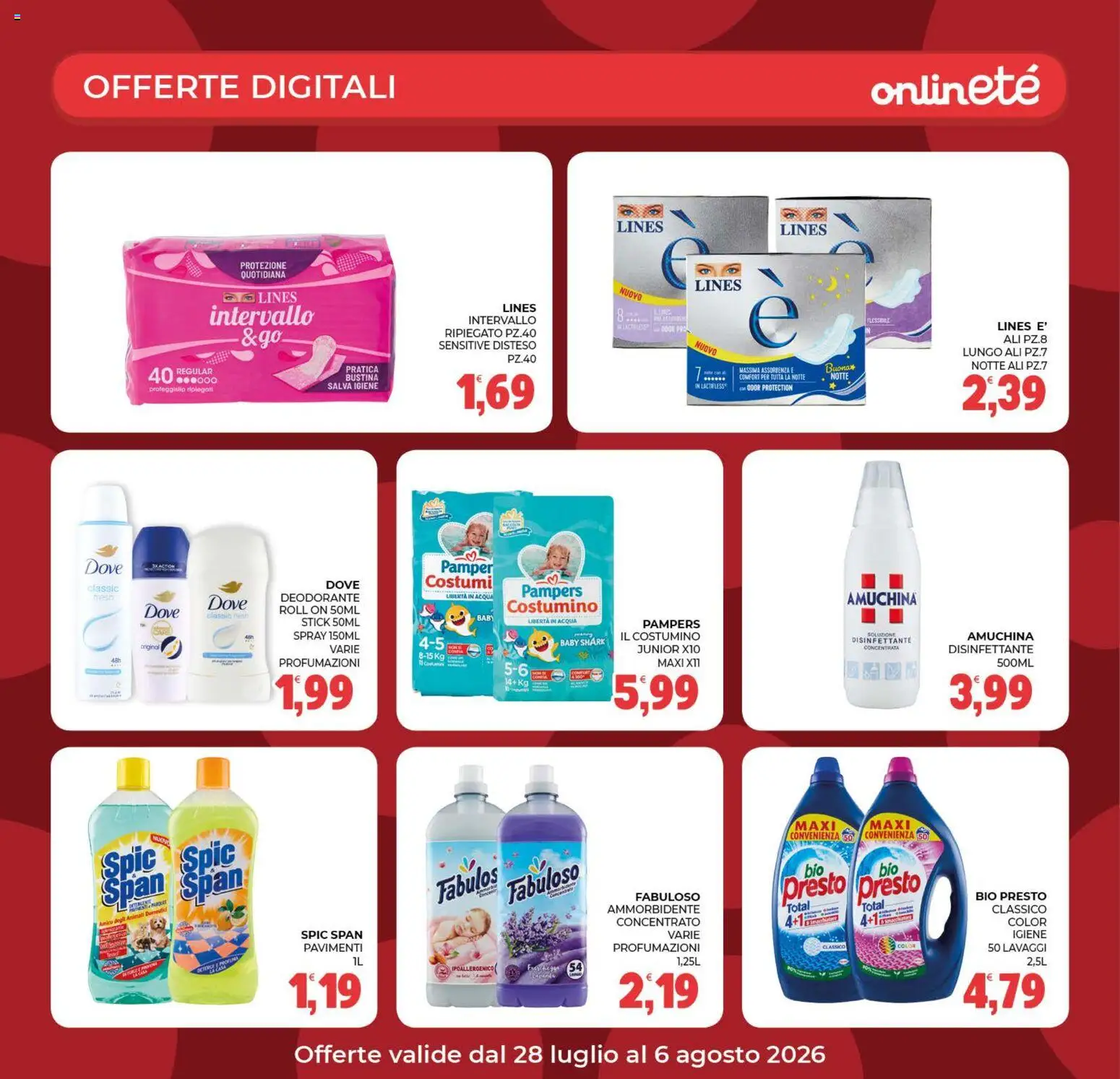 Volantino Eté del 28/07/2026 | Pagina: 28 | Prodotti: Deodorante, Ammorbidente, Acqua, Pampers