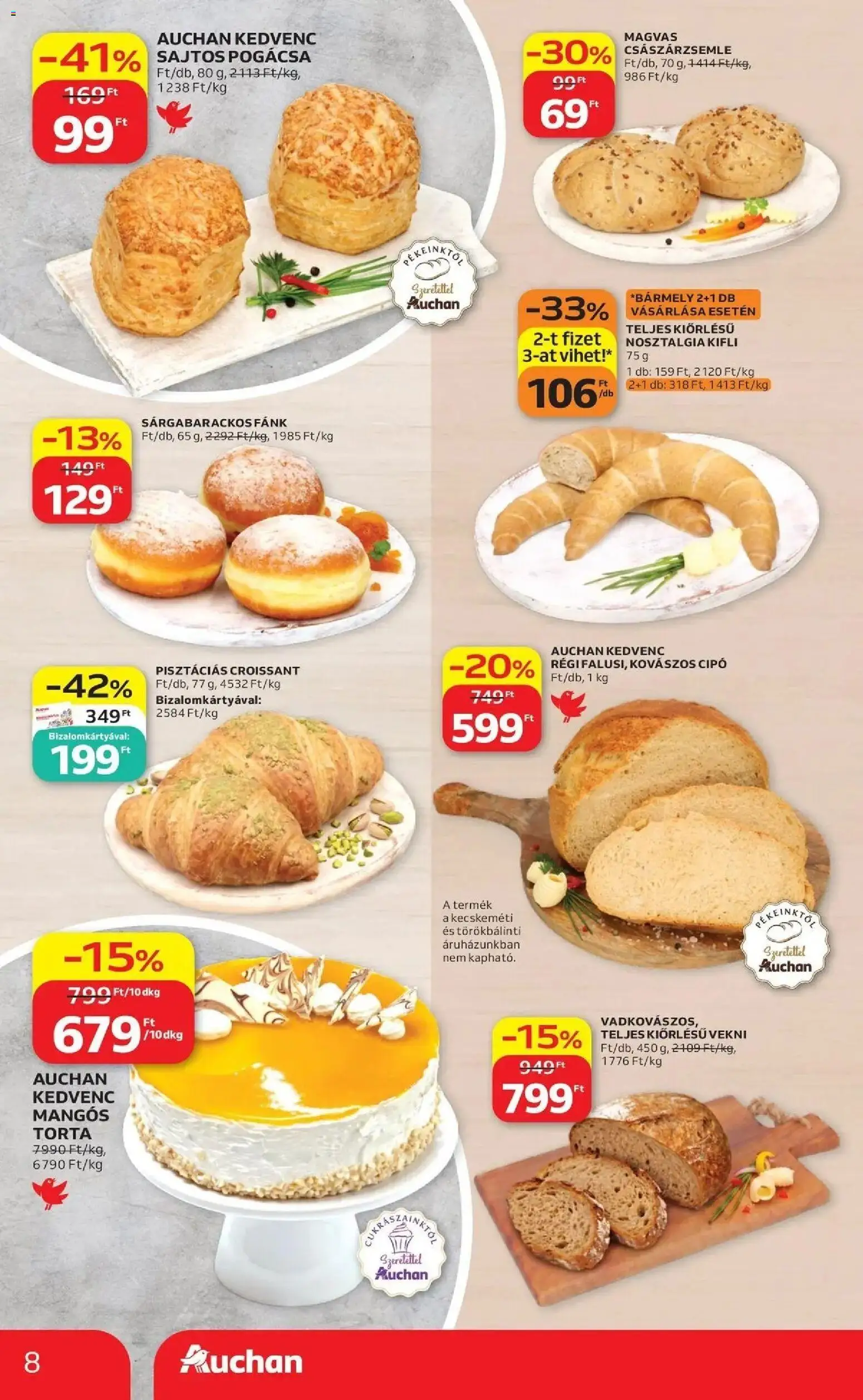 Auchan akciós újság Szolnok - 2026.09.17. -tól/töl > akció, lapozható szórólap 🛍️ | Oldal: 8 | Termékek: Kovászos cipó, Croissant, Fánk, Császárzsemle
