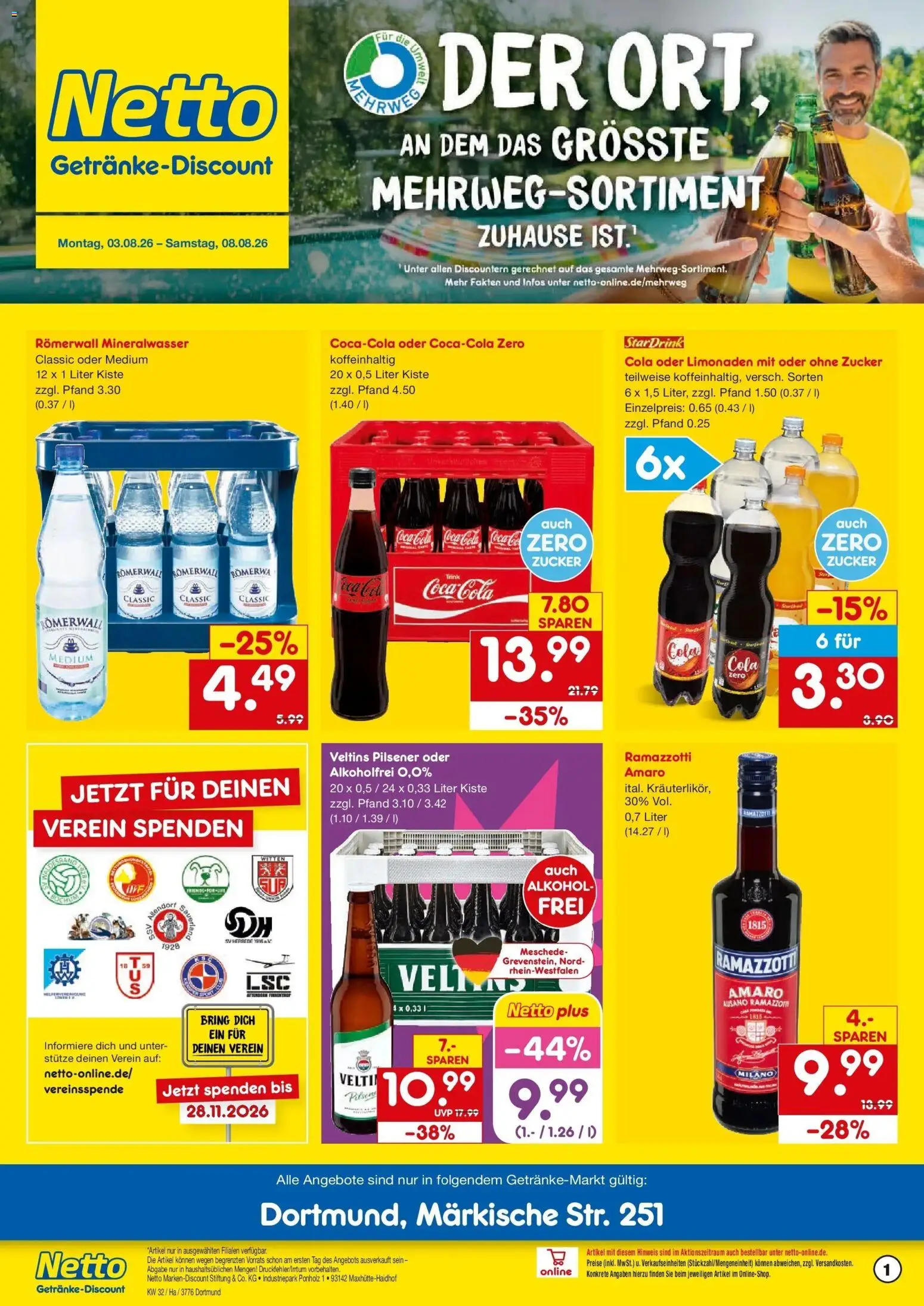 Netto Marken-Discount Prospekt Dortmund – gültig ab 03.08.2026 | Seite: 1 | Produkte: Coca cola, Mineralwasser, Ramazzotti, Veltins