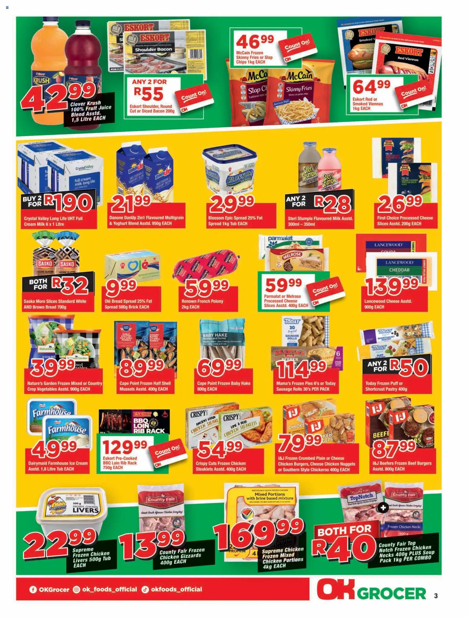 New OK Foods catalogue – valid from 25/08/2026 | Page: 3 | Products: Frozen chicken, Milk, Burgers, Bacon