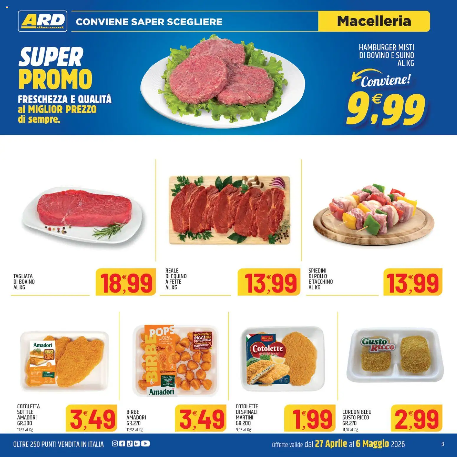 Volantino ARD Discount del 27.04.2026 | Pagina: 3 | Prodotti: Bovino, Suino, Hamburger, Spiedini