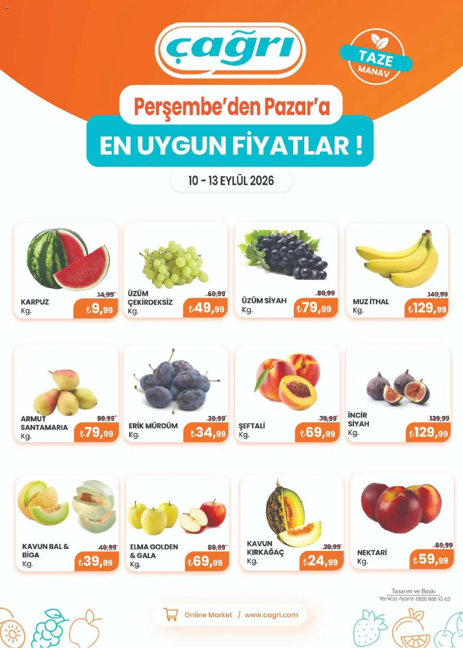 Çağrı Market - Manav Katalog - 10 Eylül 2026 tarihinden itibaren geçerlidir | Sayfa: 1 | Ürünler: Erik, Elma, Şeftali, Üzüm