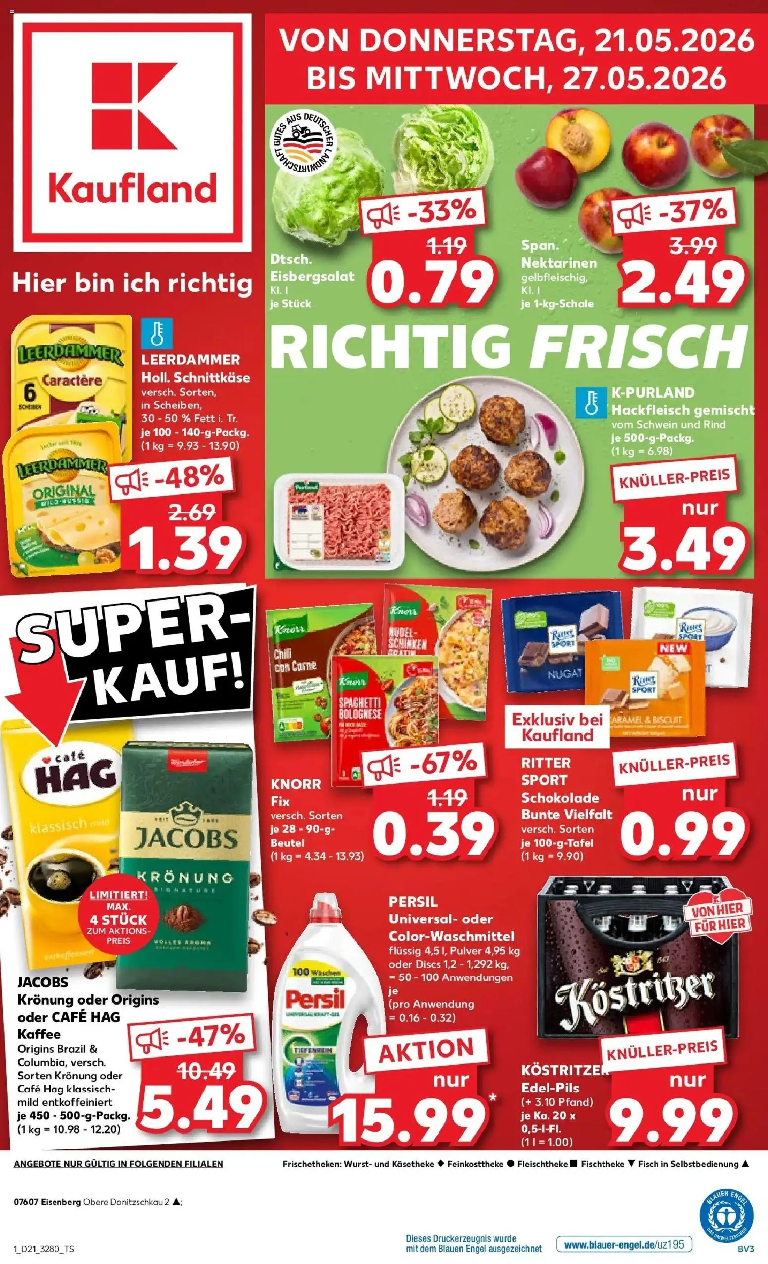 Kaufland Prospekt Eisenberg – gültig ab 21.05.2026 | Seite: 1 | Produkte: Nektarinen, Kostritzer, Fisch, Persil