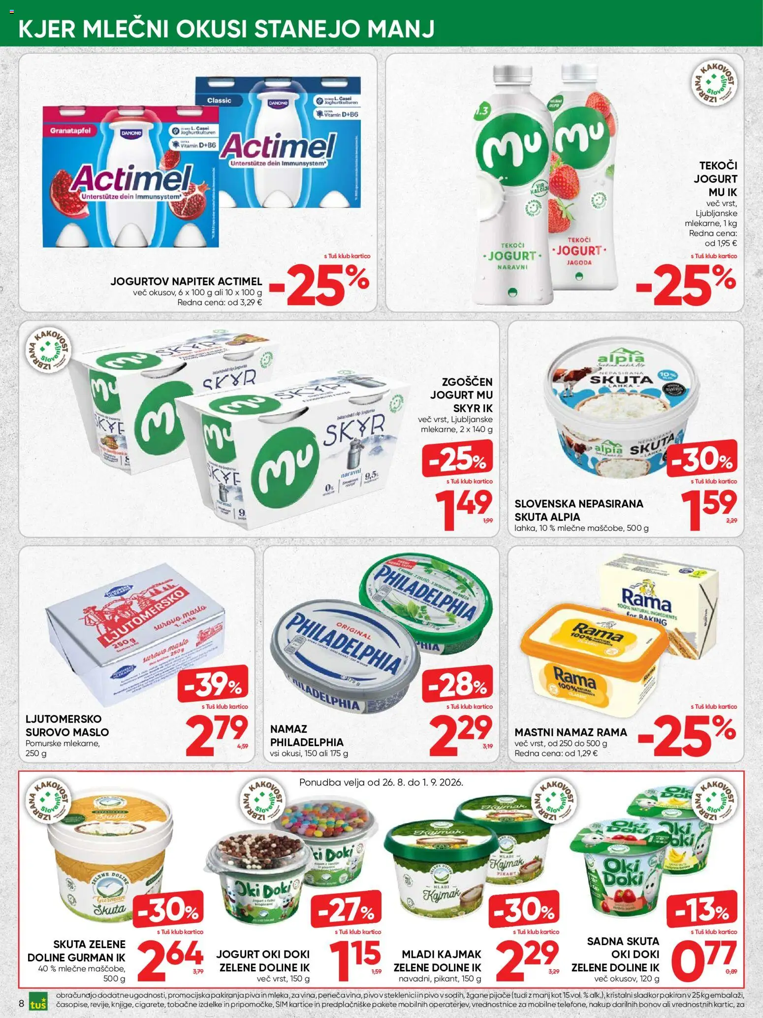 Novi Tuš katalog ponudbe – veljaven od 19.08.2026 | Stran: 8 | Izdelki: Namaz, Maslo, Jogurt, Skuta