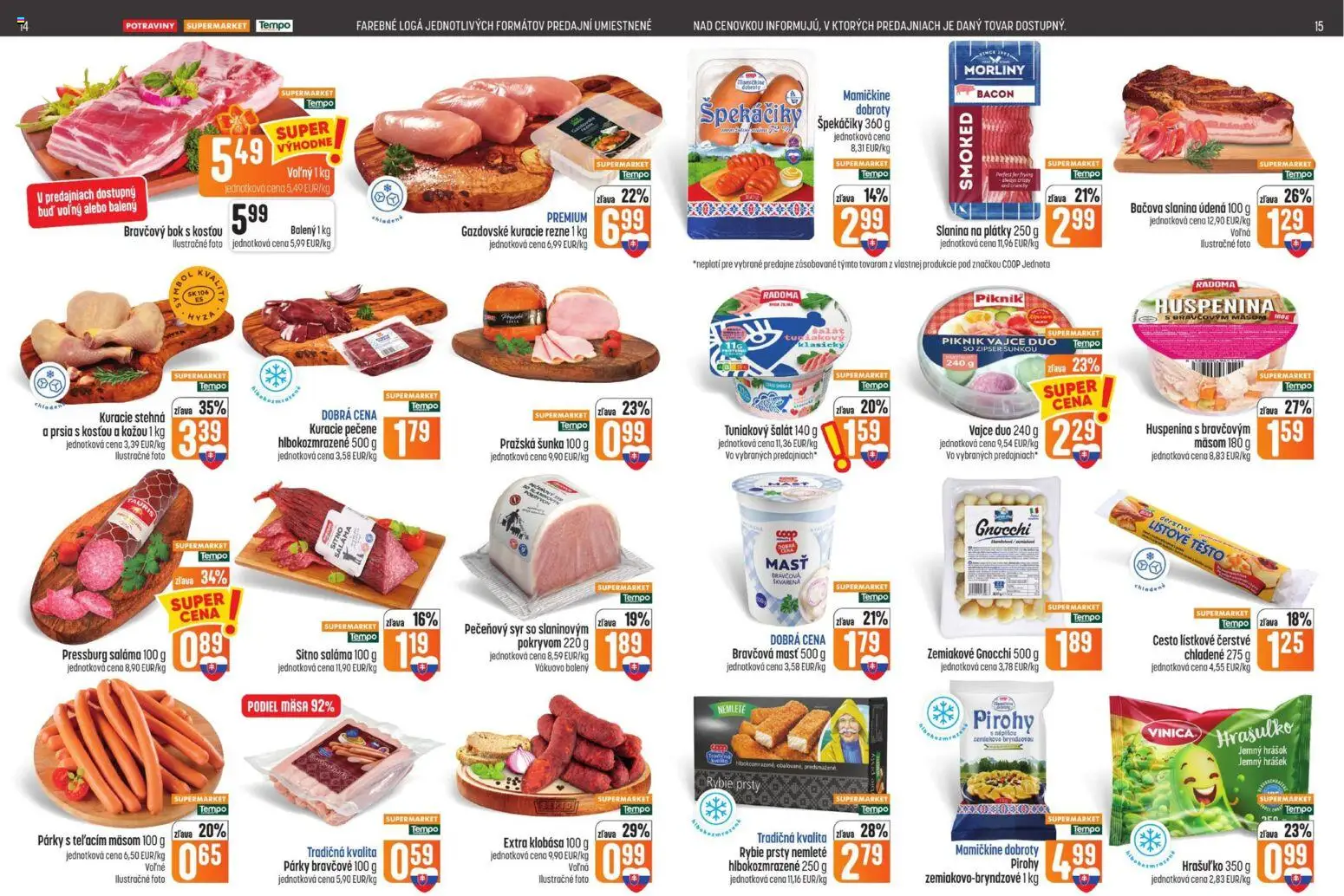 Nové COOP Jednota akcie – leták je platný od 15.10.2026 | Strana: 8 | Produkty: Pirohy, Klobása, Kuracie rezne, Tuniakový šalát