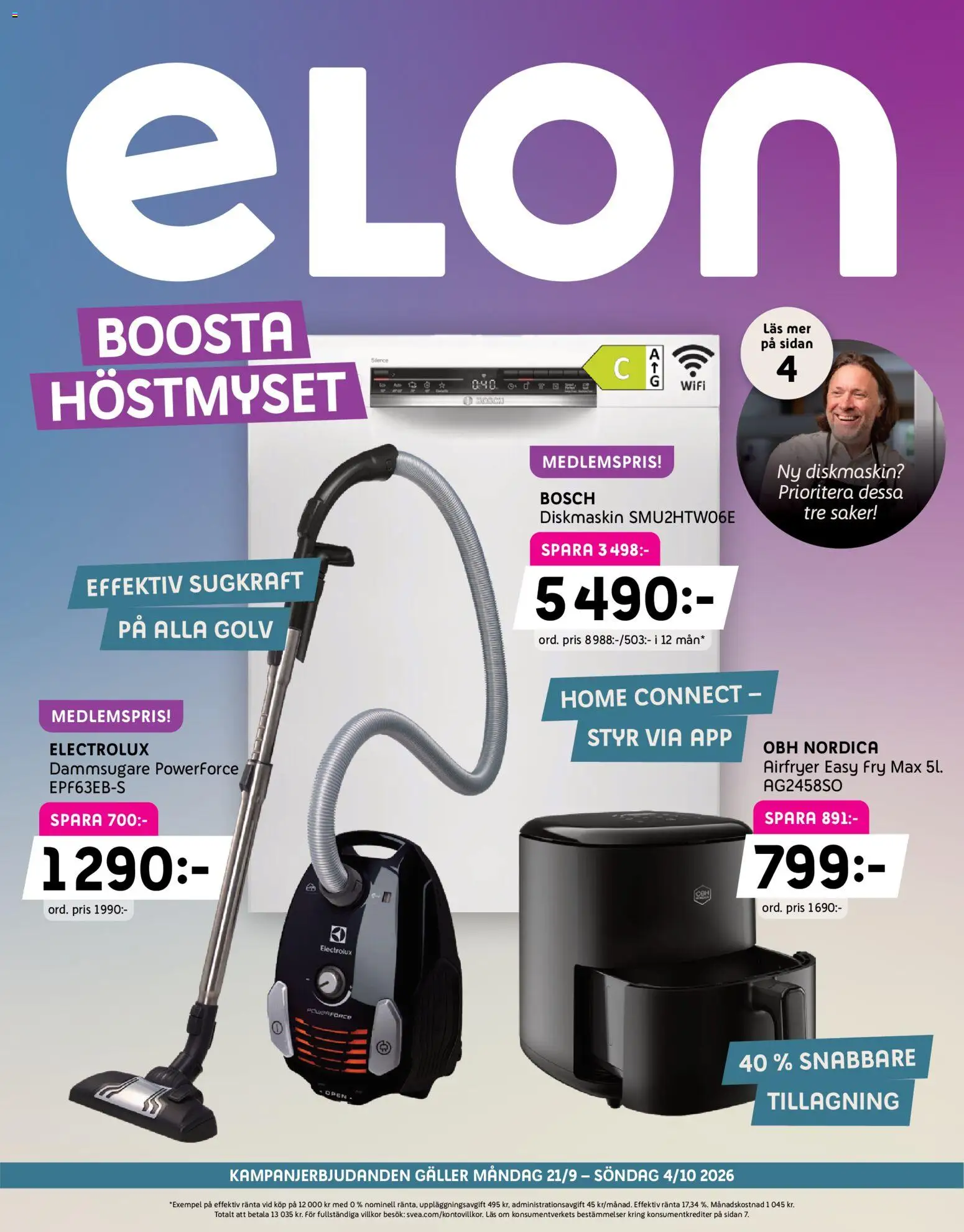 Elon reklamblad aktuell från 21/09/2026 | Sida: 1 | Produkter: Diskmaskin, Galler, Airfryer, Wifi