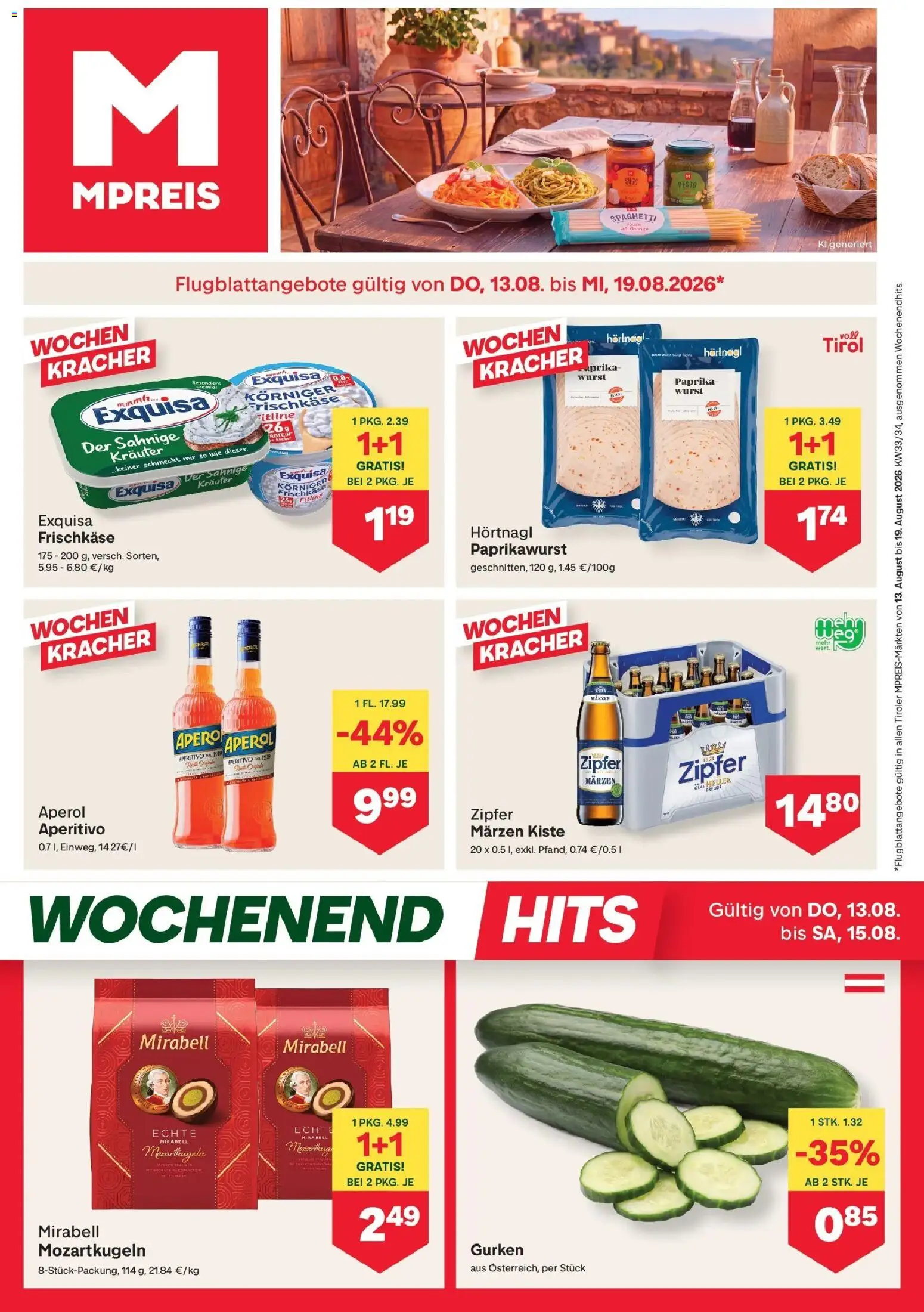MPREIS Pfunds von 13.08.2026 - Aktuelle Angebote | Seite: 1 | Produkte: Gurken, Wurst, Aperol, Spaghetti