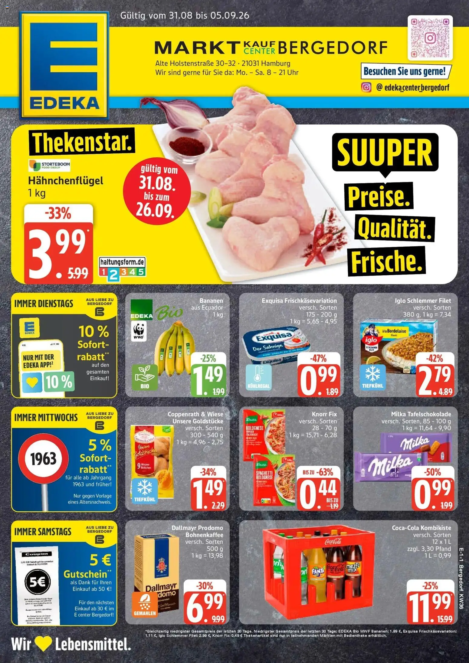 Edeka Prospekt Hamburg (ab 31.08.2026) » Angebote Online | Seite: 1 | Produkte: Iglo, Bananen, Milka, Uhr