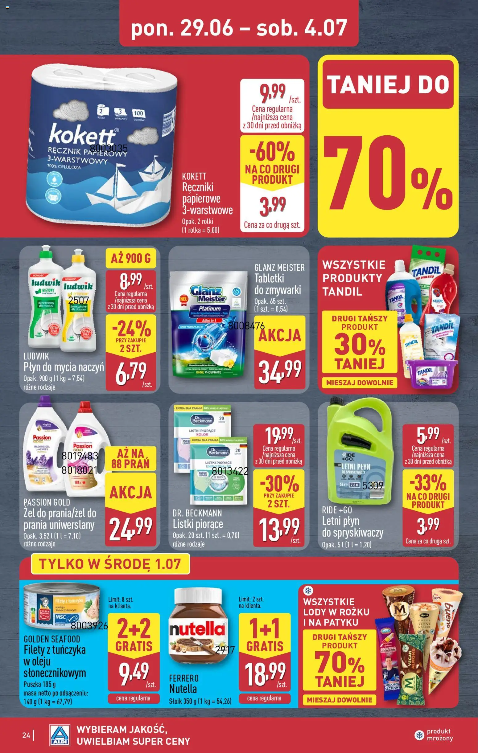 Aldi gazetka od 29.06.2026 | Strona: 24 | Produkty: Nutella, Rolki, Lody, Ręcznik papierowy