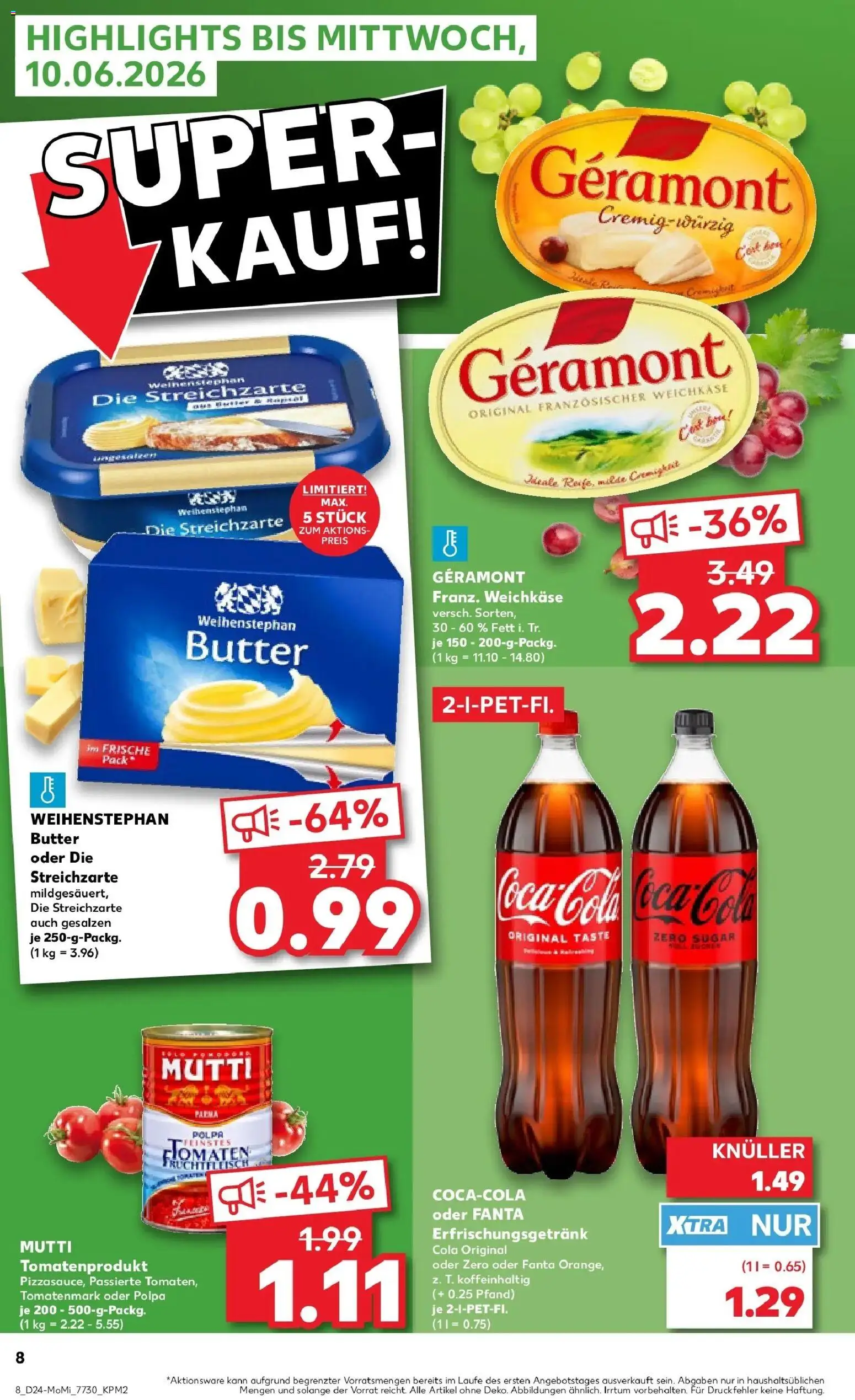 Kaufland Prospekt Lichtenfels – gültig ab 08.06.2026 | Seite: 8 | Produkte: Coca cola, Fanta, Cola, Weihenstephan butter