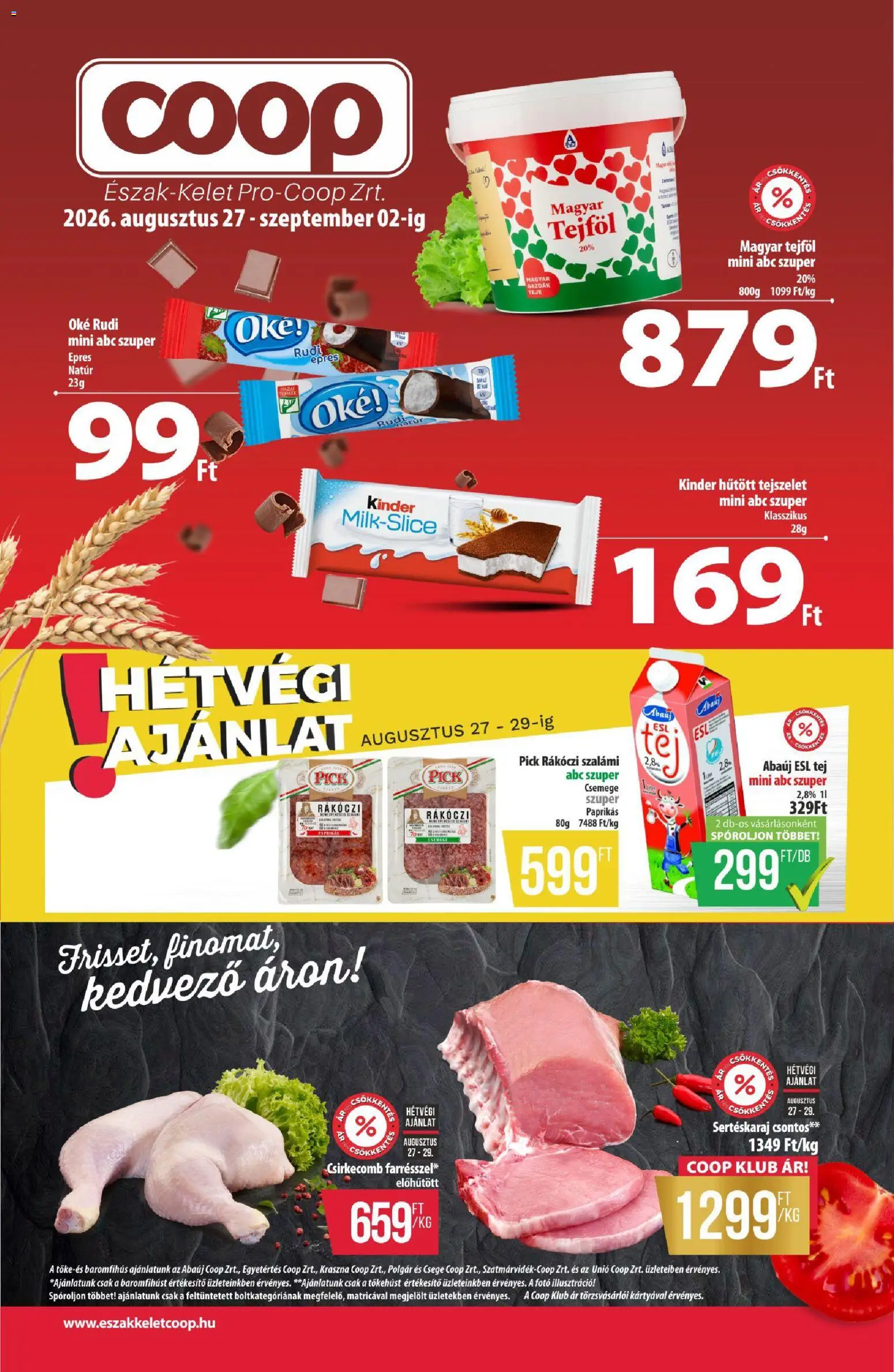 COOP akciós ujság - amely érvényes a következő dátumtól: 2026.08.27. | Oldal: 1 | Termékek: Rákóczi szalámi, Pick, TV, Tejföl