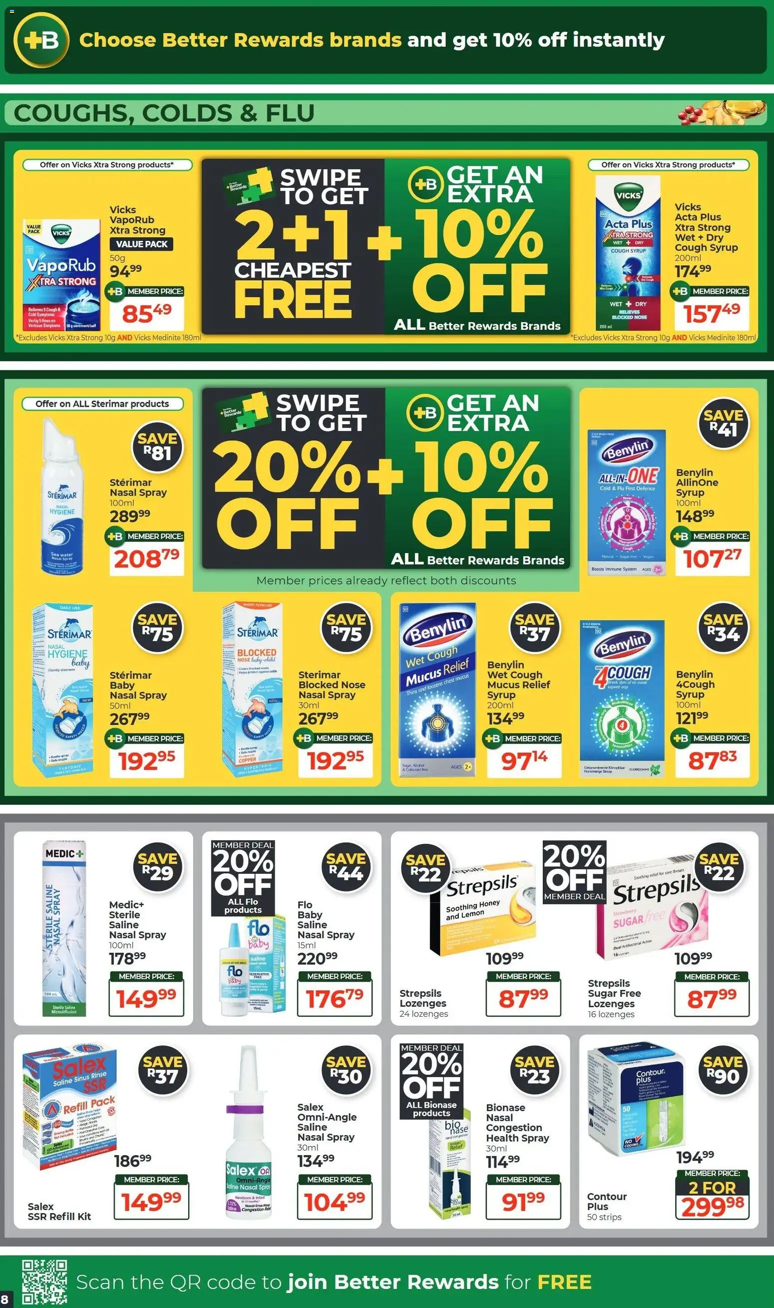New Dis-Chem catalogue – valid from 20/10/2026 | Page: 8 | Products: Cough syrup, Syrup, Sugar, Nasal spray