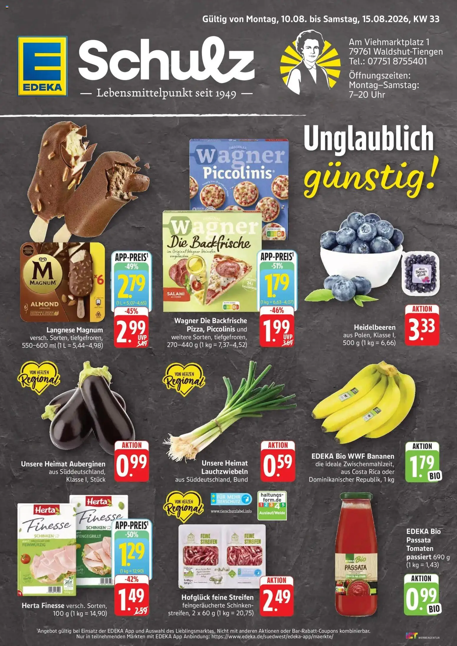 Edeka Prospekt Waldshut-Tiengen – gültig ab 10.08.2026 | Seite: 1 | Produkte: Langnese, Heidelbeeren, Schinken, Herta finesse