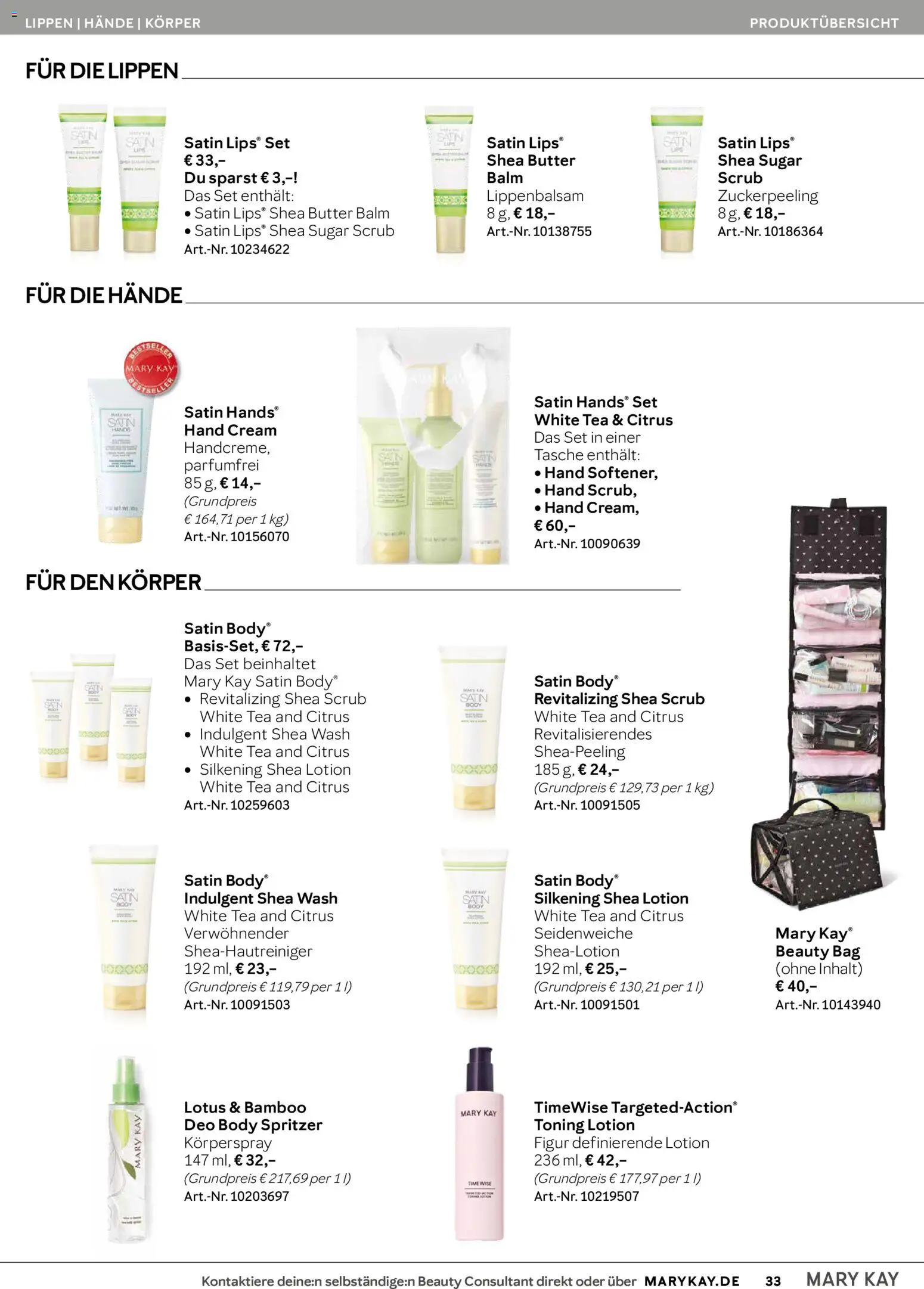 Mary Kay Katalog – gültig ab 15.04.2026 | Seite: 33 | Produkte: Tasche, Butter, Lippenbalsam, Körperspray