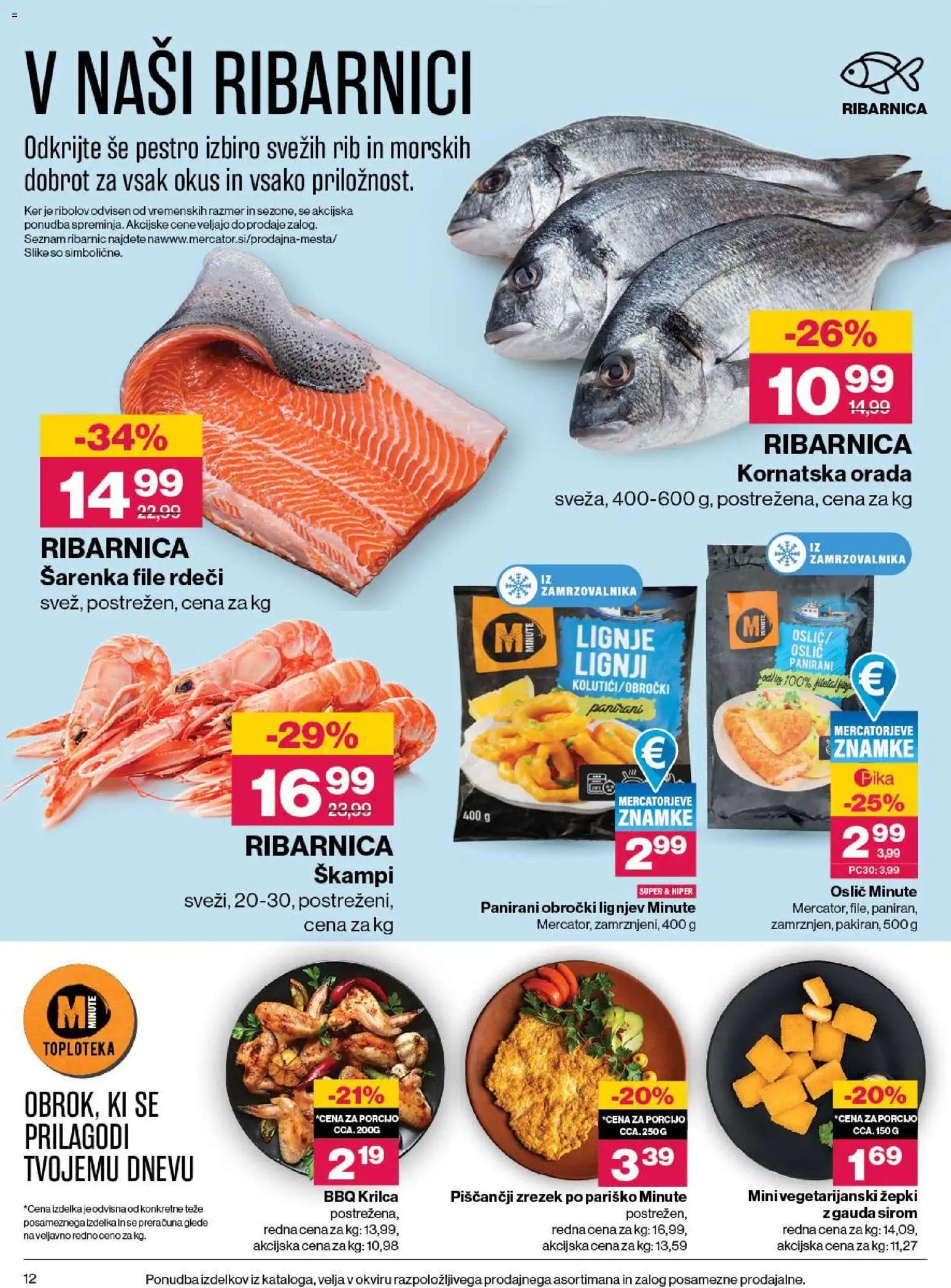 Novi Mercator katalog ponudbe – veljaven od 06.08.2026 | Stran: 12 | Izdelki: Lignji, Oslič, Gauda, Orada