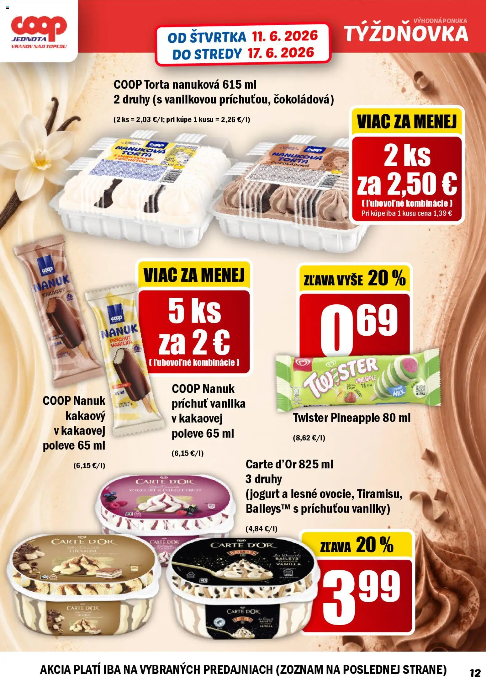 Nové COOP Jednota akcie – leták je platný od 11.06.2026 | Strana: 12 | Produkty: Jogurt, Nanuk, Torta