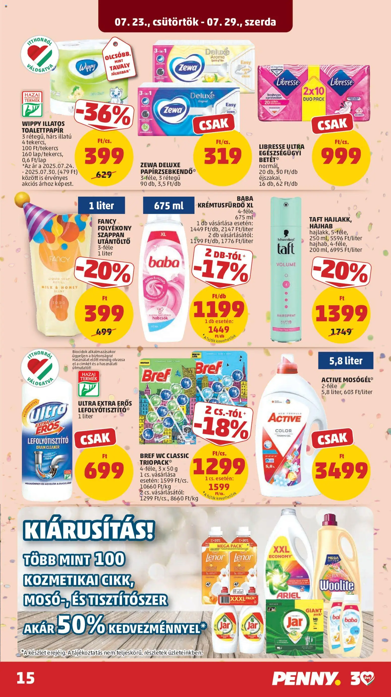 PENNY akciós ujság - amely érvényes a következő dátumtól: 2026.07.23. | Oldal: 18 | Termékek: Libresse, Papírzsebkendő, Szappan, Tisztítószer