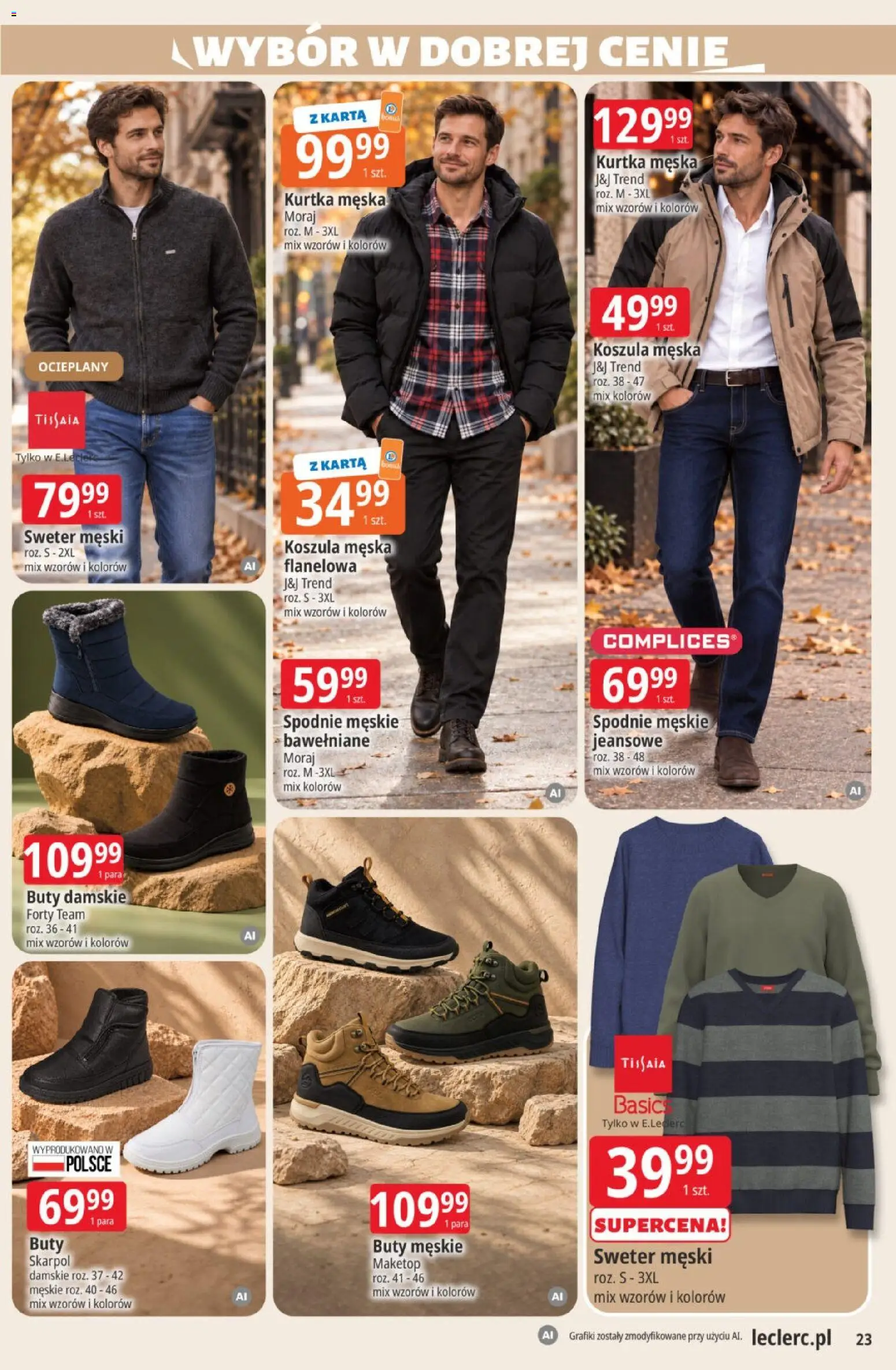 E.Leclerc gazetka od 20.10.2026 | Strona: 23 | Produkty: Karta, Sweter, Kurtka, Buty męskie