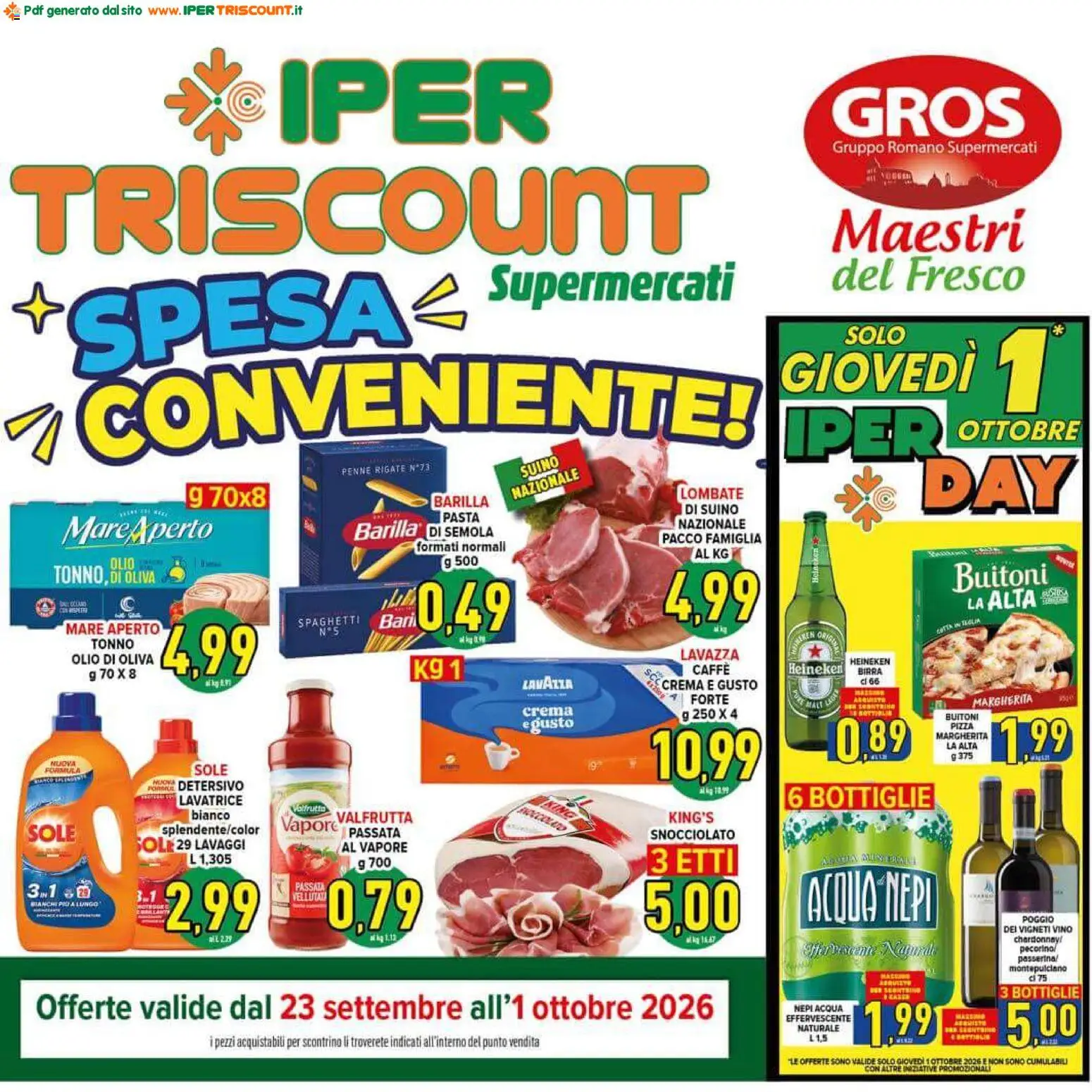 Volantino Ipertriscount del 23/09/2026 | Pagina: 1 | Prodotti: Birra, Vino, Lavatrice, Spaghetti