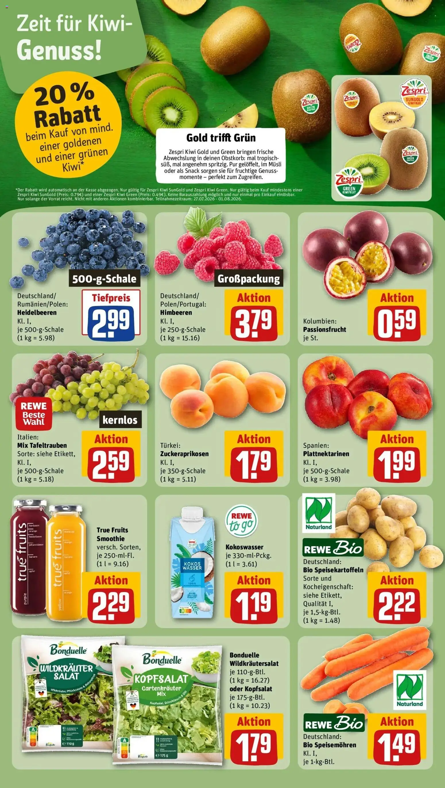Rewe Prospekt Bottrop – gültig ab 27.07.2026 | Seite: 4 | Produkte: Äpfel, Wasser, Kiwi, Salat