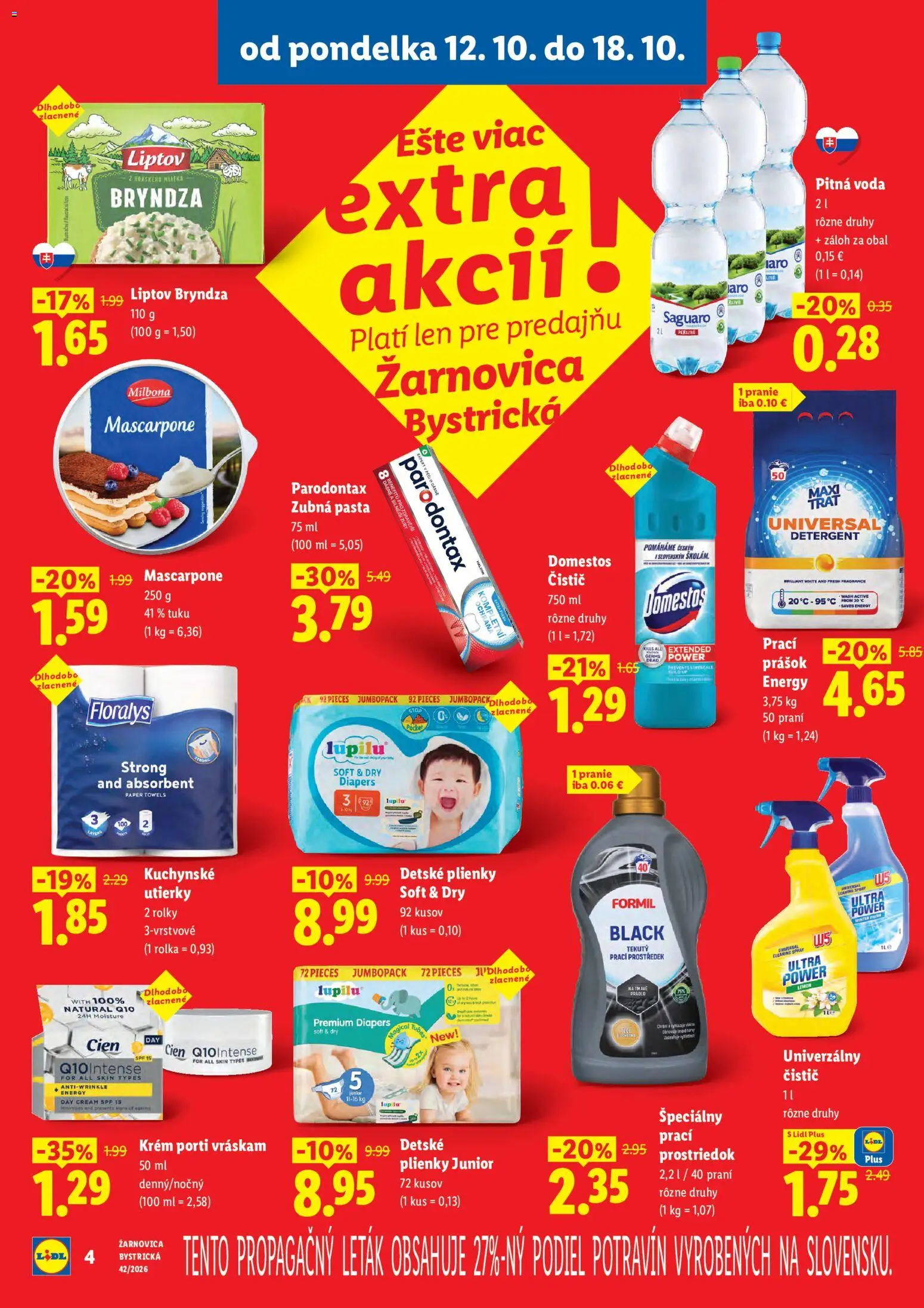Nové Lidl akcie – leták je platný od 12.10.2026 | Strana: 4 | Produkty: Detské plienky, Voda, Plienky, Domestos