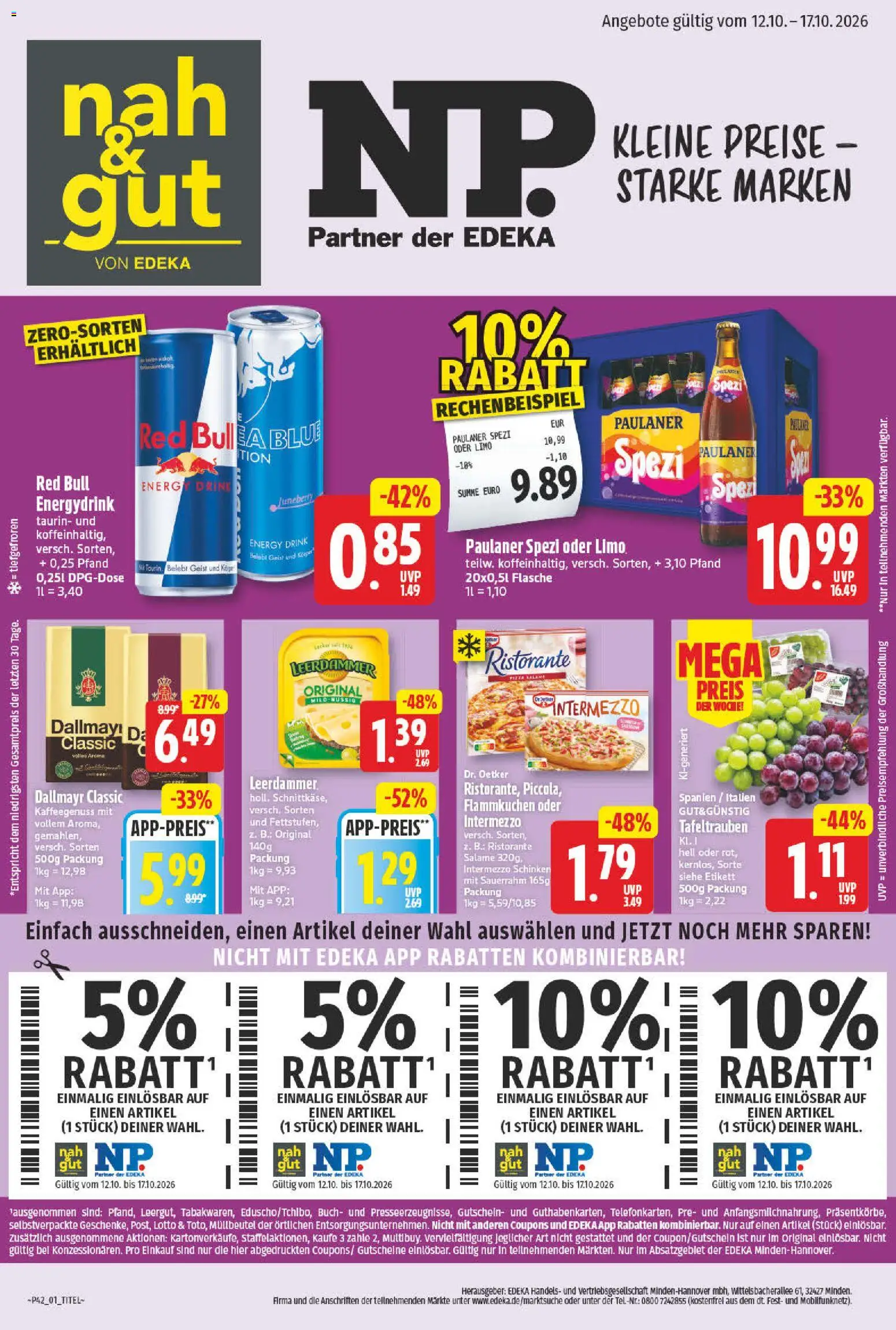 NP Discount Prospekt – gültig ab 12.10.2026 | Seite: 1 | Produkte: Ristorante, Energy, Paulaner spezi, Leerdammer