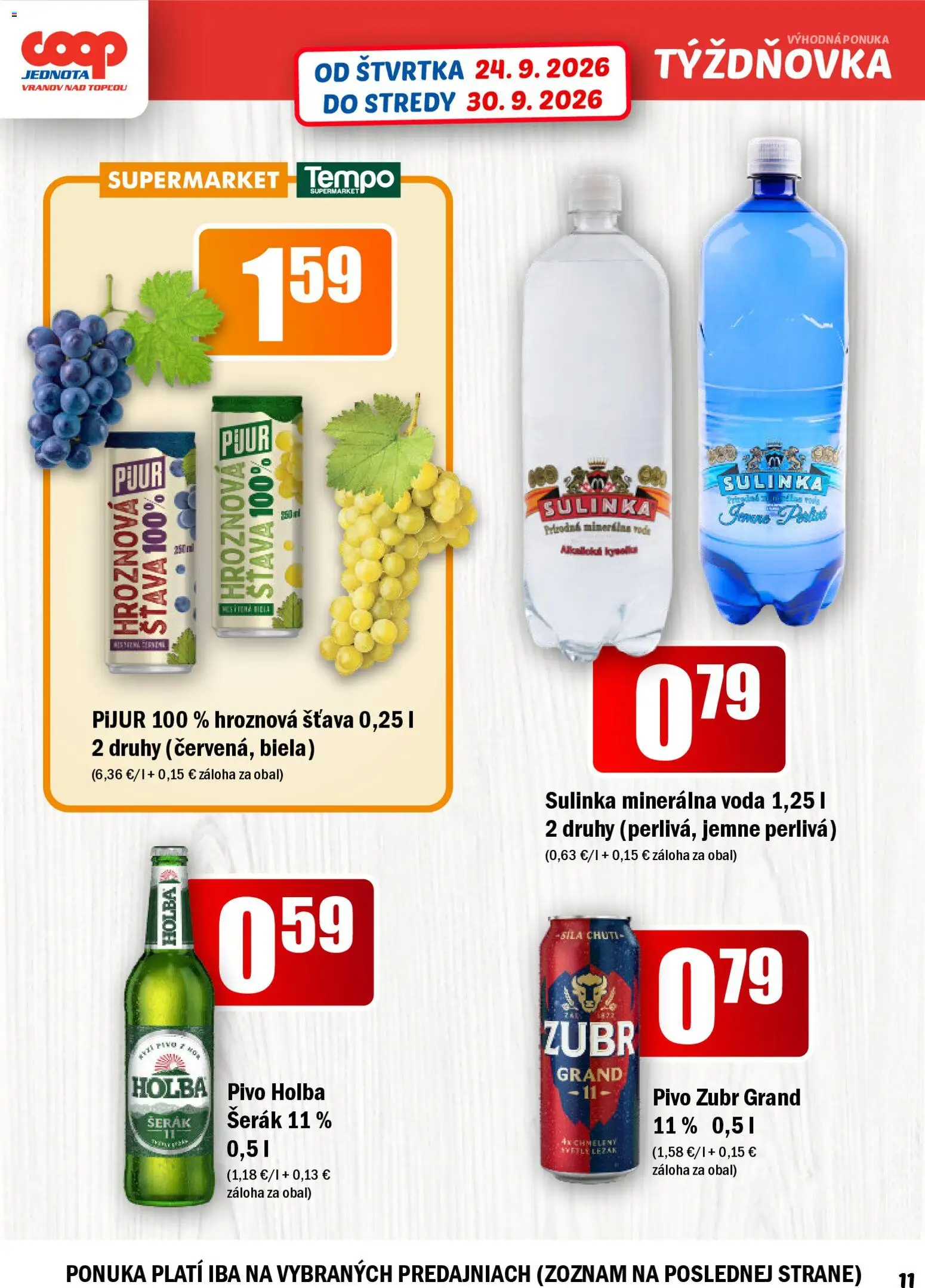 Nové COOP Jednota akcie – leták je platný od 24.09.2026 | Strana: 11 | Produkty: Pivo, Sulinka, Voda, Minerálna voda