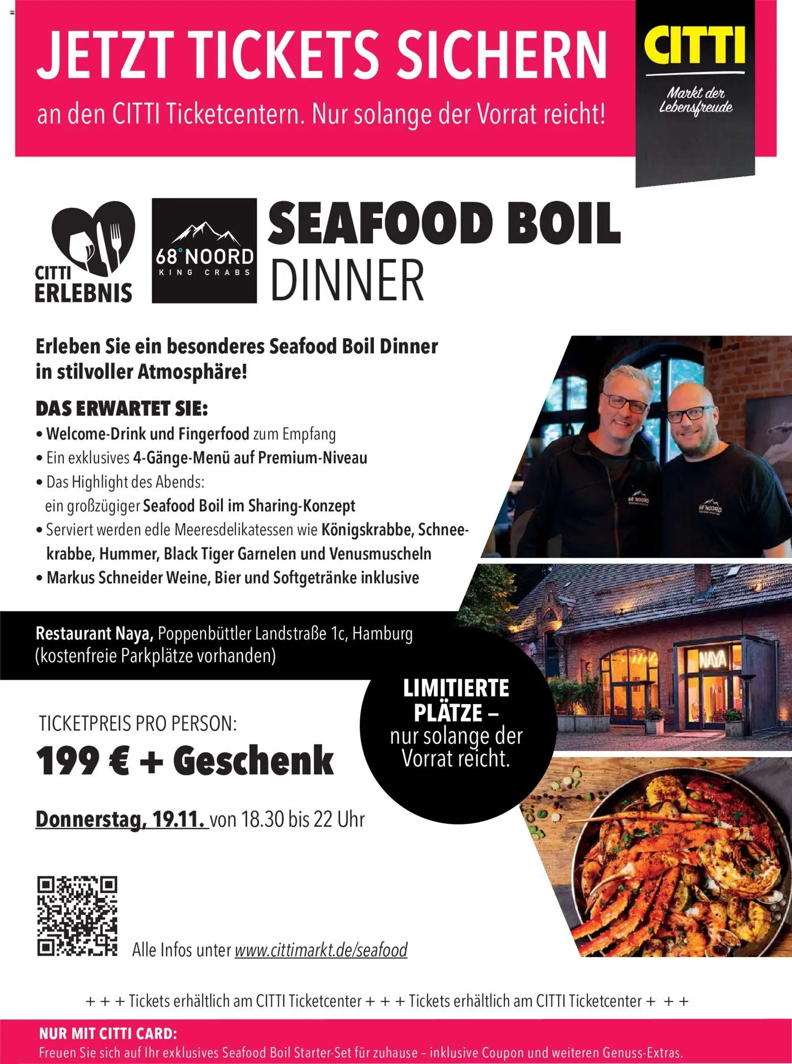 CITTI Markt Tickets sichern: Seafood Boil Dinner – gültig ab 02.09.2026 | Seite: 1 | Produkte: Bier, Garnelen, Tiger garnelen, Uhr