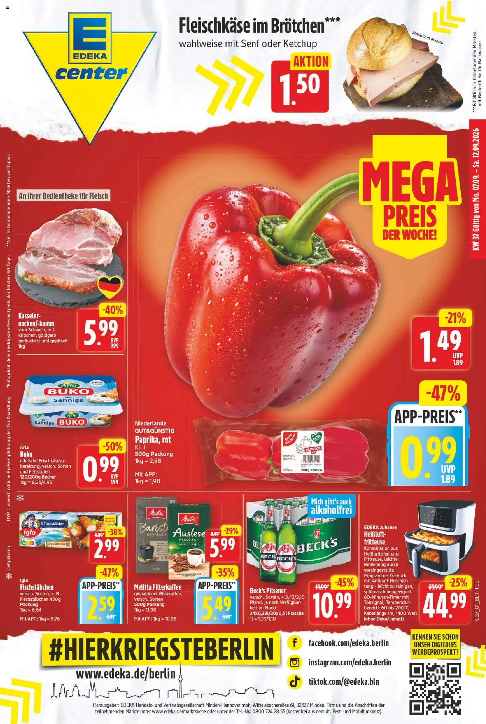 E center Prospekt – gültig ab 07.09.2026 | Seite: 1 | Produkte: Melitta, Fischstabchen, Arla buko, Fleisch