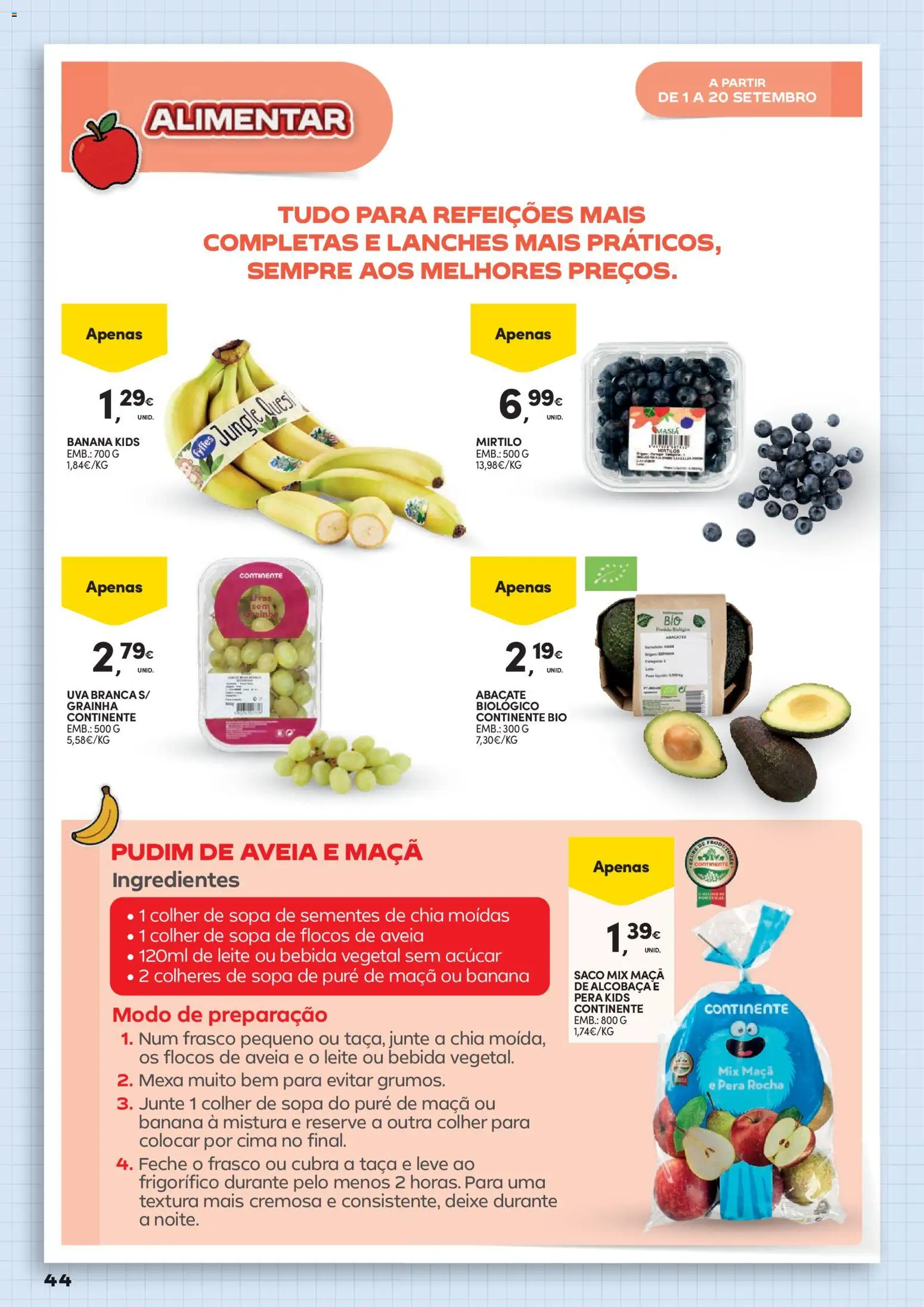 Continente Regresso às Aulas Na escola de toda a gente │ válido de 11/08/2026 | Página: 44 | Produtos: Aveia, Purê de maçã, Saco, Flocos