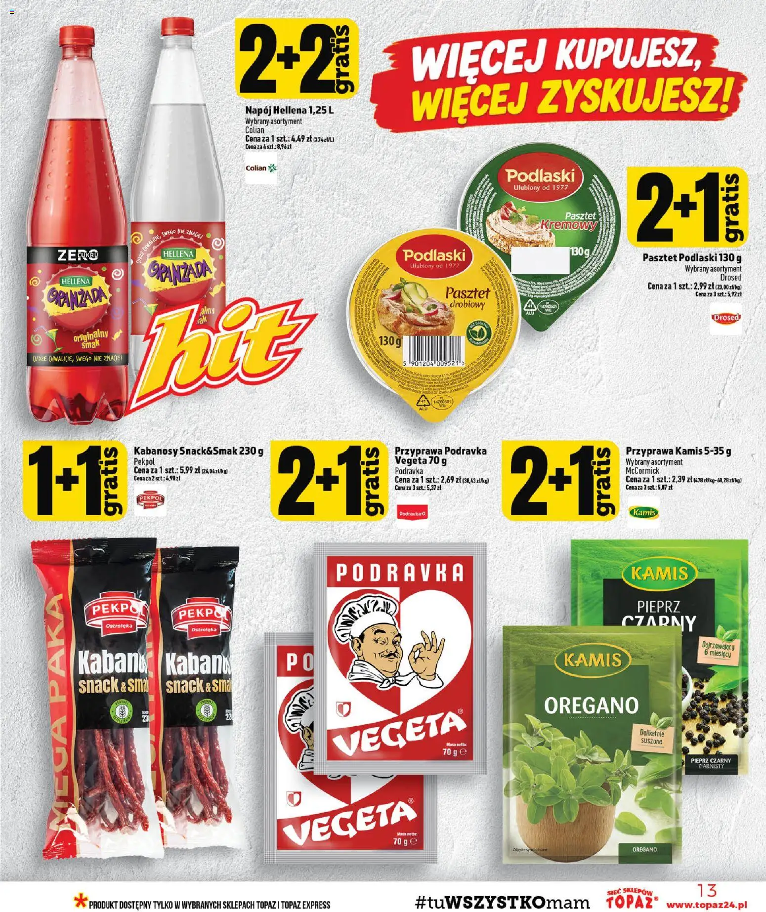 Topaz gazetka - MAZ od 22.10.2026 | Strona: 13 | Produkty: Oranżada, Oregano, Kabanosy, Pieprz