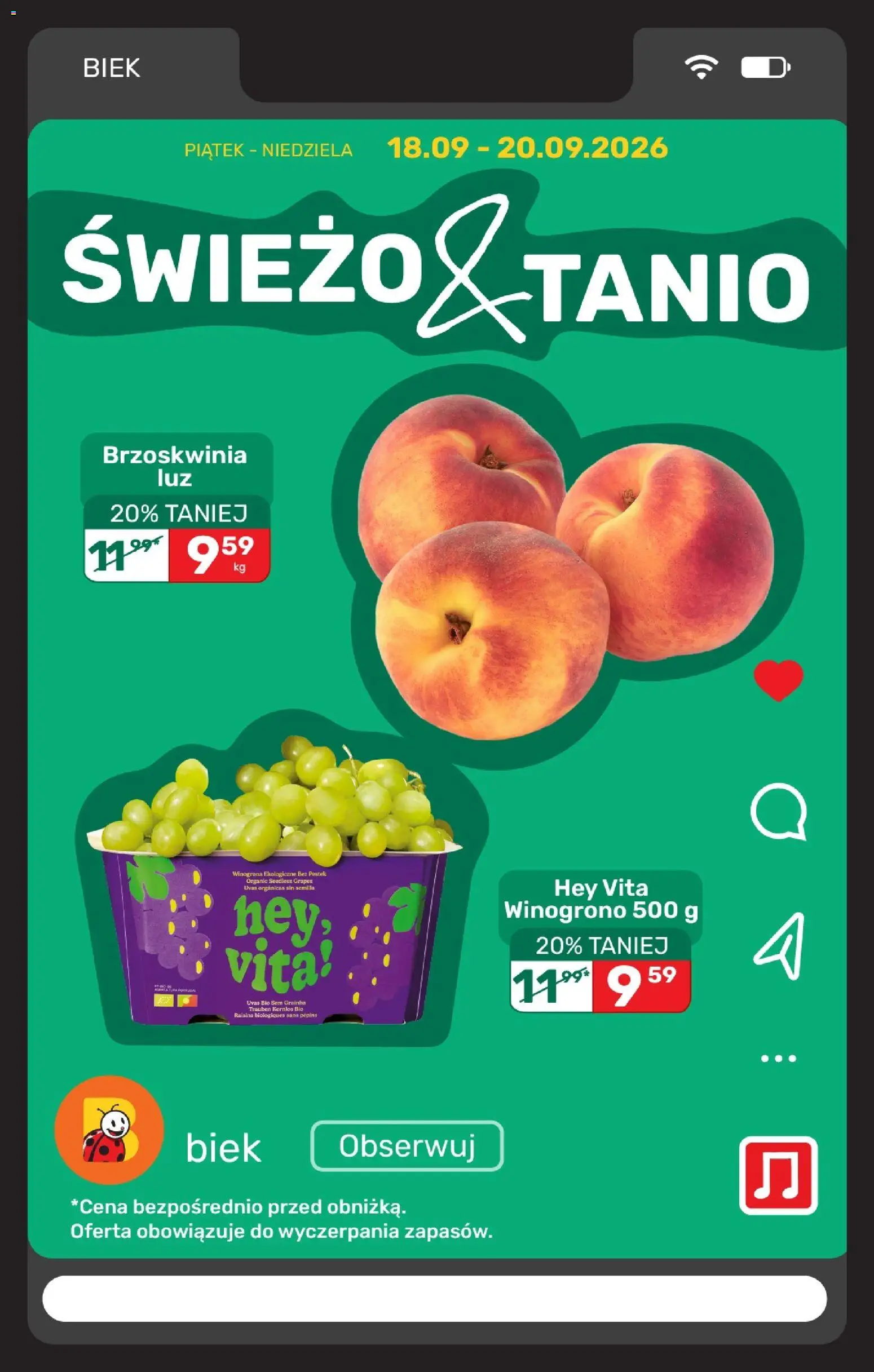 Biedronka gazetka - Biek od 19.09.2026 | Strona: 5 | Produkty: Brzoskwinia, Winogrona, Winogrono