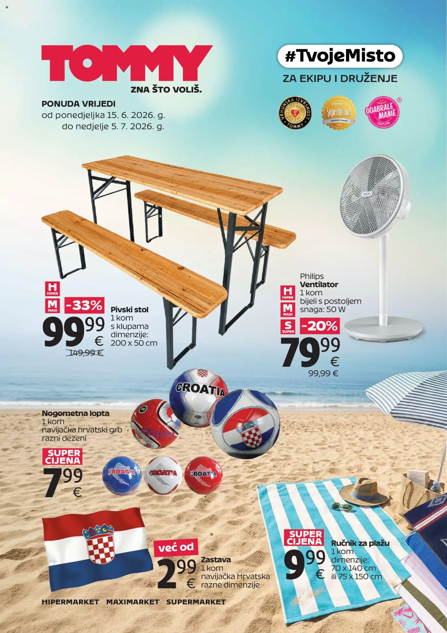 Tommy katalog | vrijedi od 15.06.2026 | Stranica: 1 | Proizvodi: Ventilator, Stol, Lopta, Ručnik