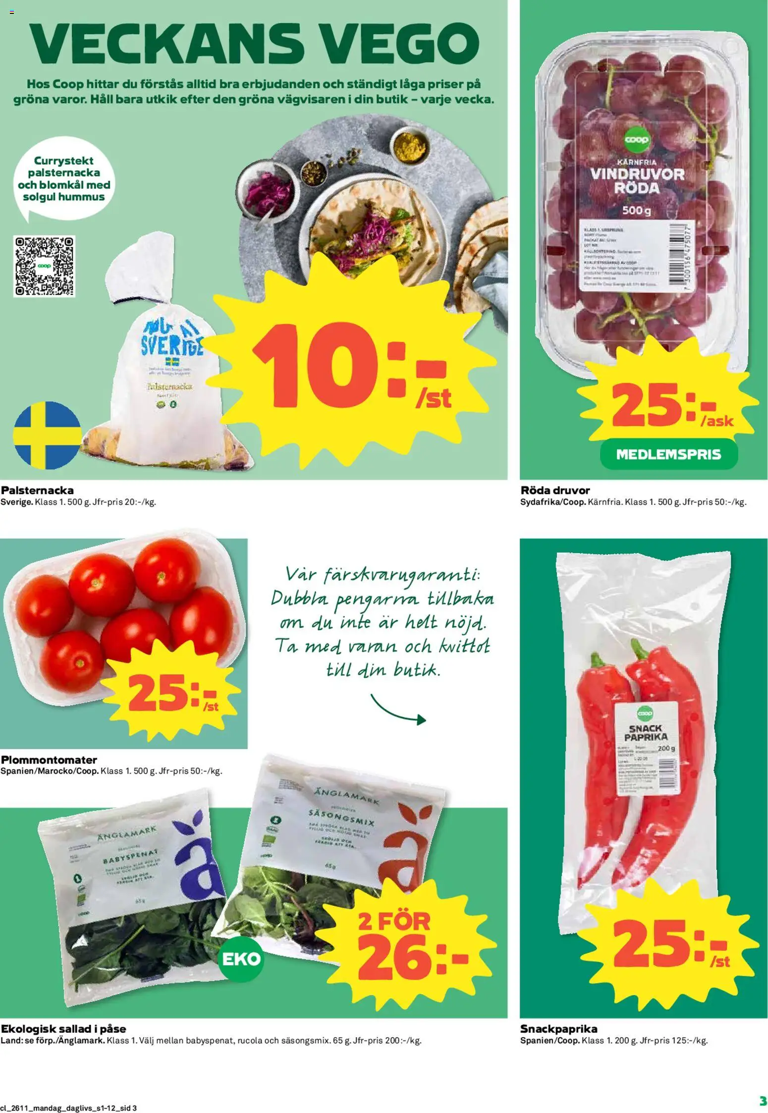 Coop Forum reklamblad aktuell från 09.03.2026 | Sida: 3 | Produkter: Vindruvor, Blomkål, Sallad, Häll