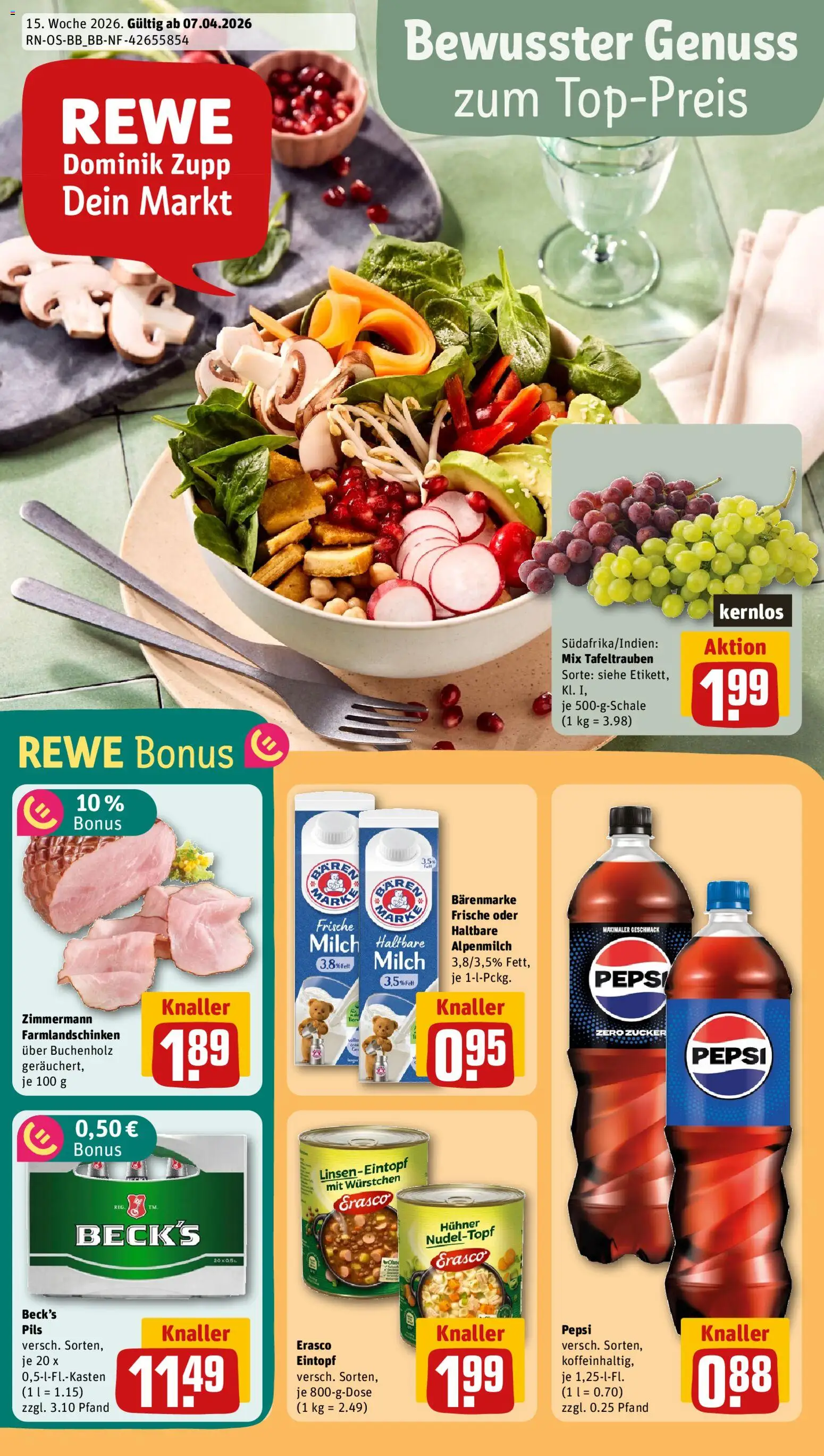 Rewe Prospekt 	 – gültig ab 07.04.2026 | Seite: 1 | Produkte: Pils, Zucker, Pepsi, Erasco