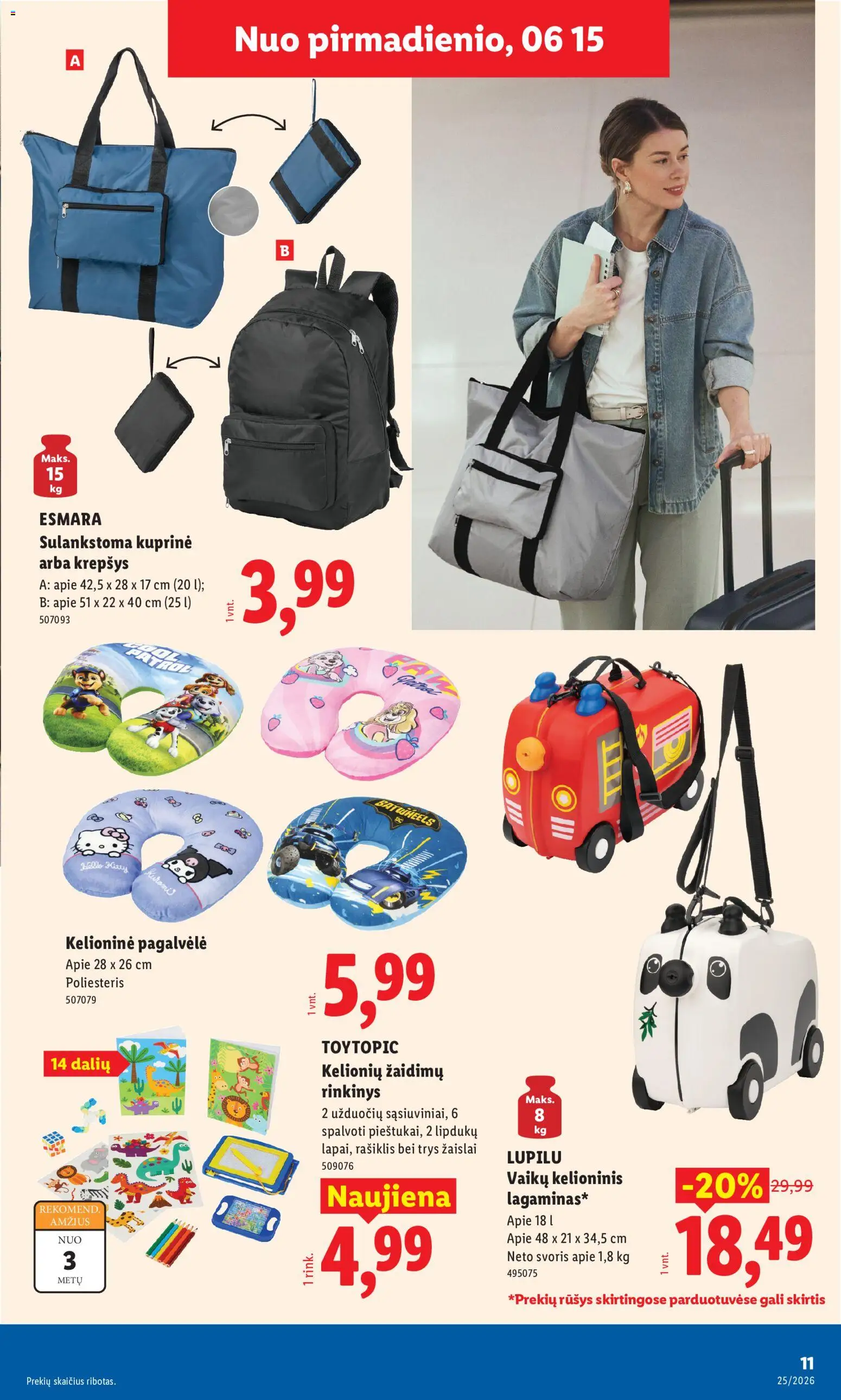 LIDL akcijos nuo 15.06.2026 | Puslapis: 11 | Prekių: Pagalvėlė, Krepšys, Kuprinė