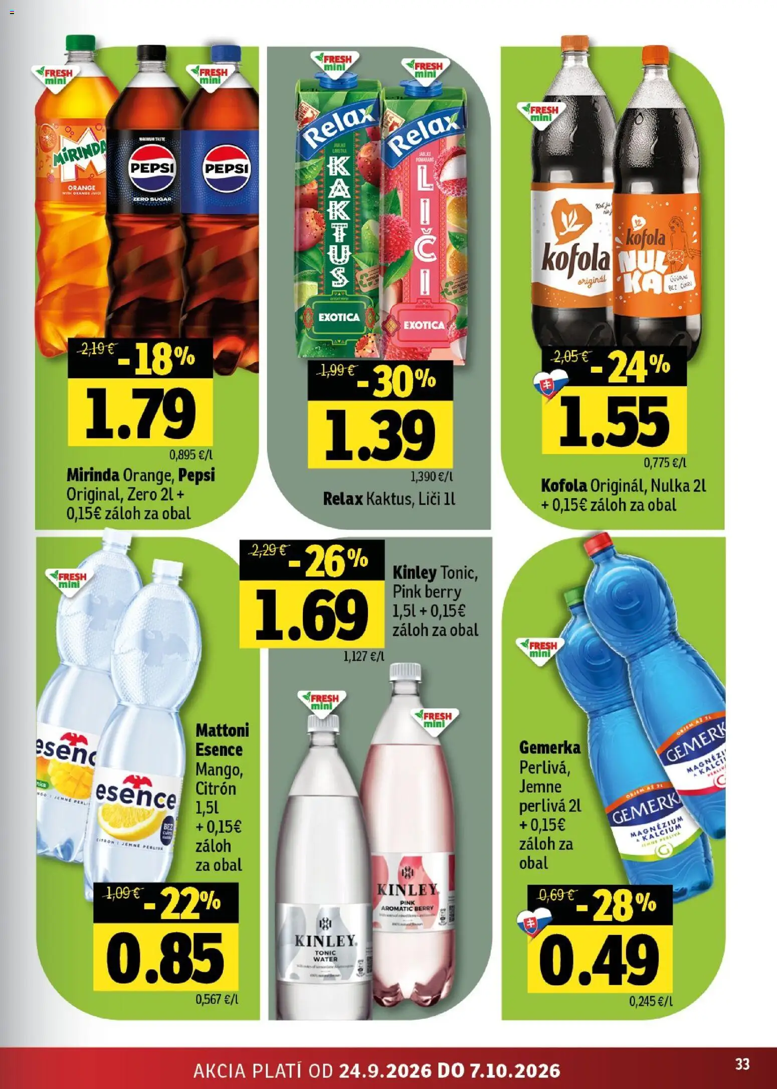 Nové Fresh akcie – leták je platný od 24.09.2026 | Strana: 33 | Produkty: Liči, Pepsi, Mirinda, Gemerka