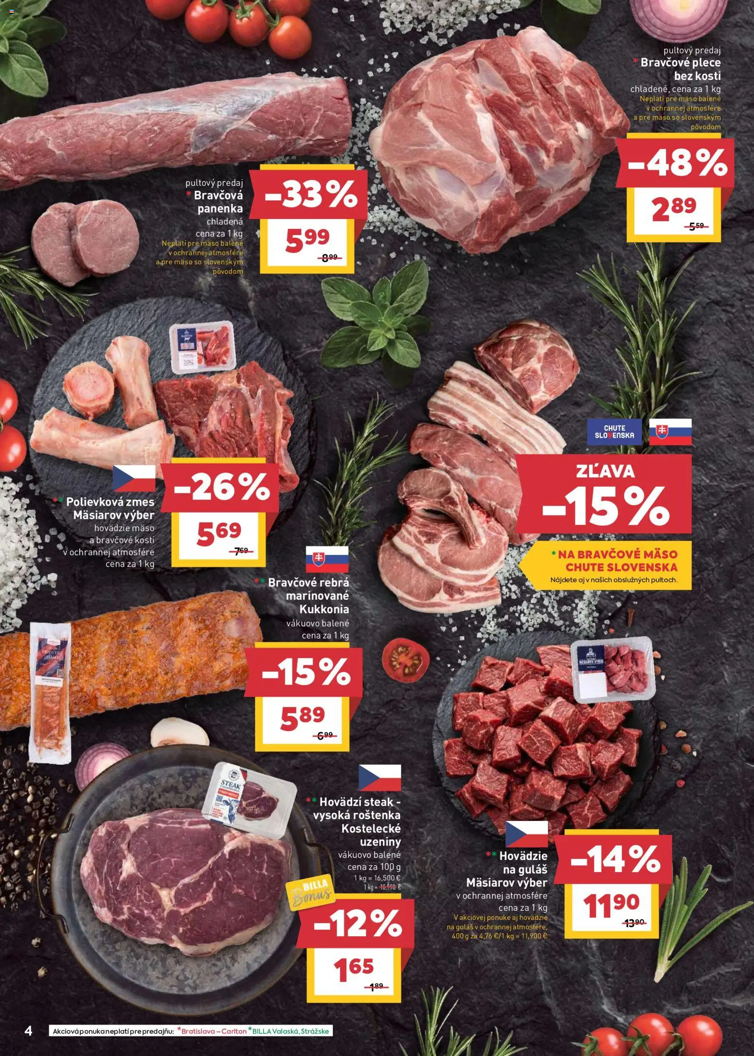 Nové Billa akcie – leták je platný od 15.07.2026 | Strana: 4 | Produkty: Hovädzie mäso, Bravčová panenka, Bravčové mäso, Steak