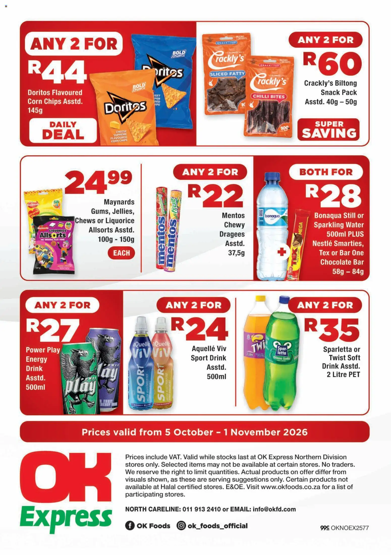 New OK Foods catalogue – valid from 05/10/2026 | Page: 4 | Products: Chocolate, Chips, Water, Fruit