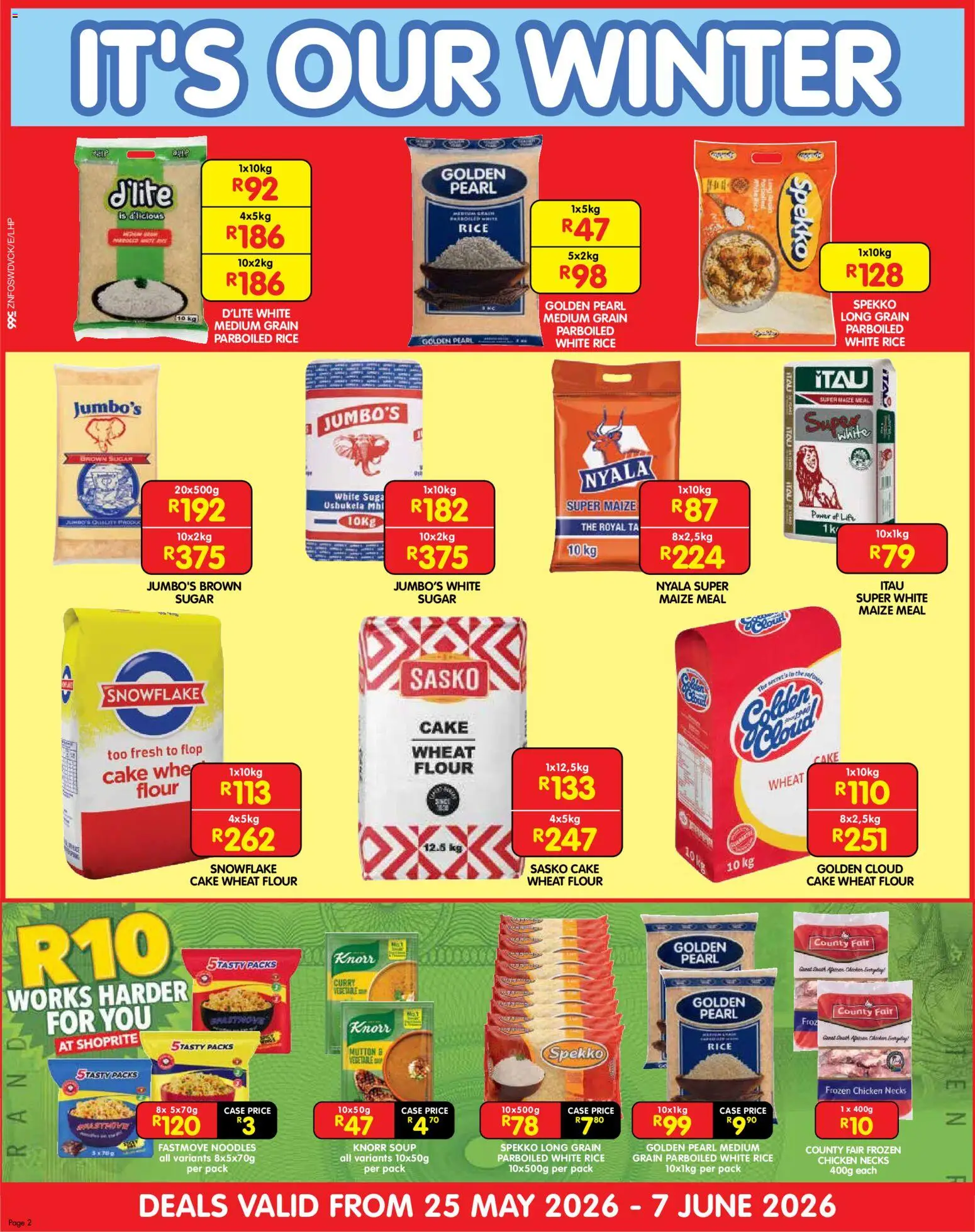New Shoprite catalogue – valid from 25.05.2026 | Page: 2 | Products: Cake, Maize meal, Chicken, Noodles