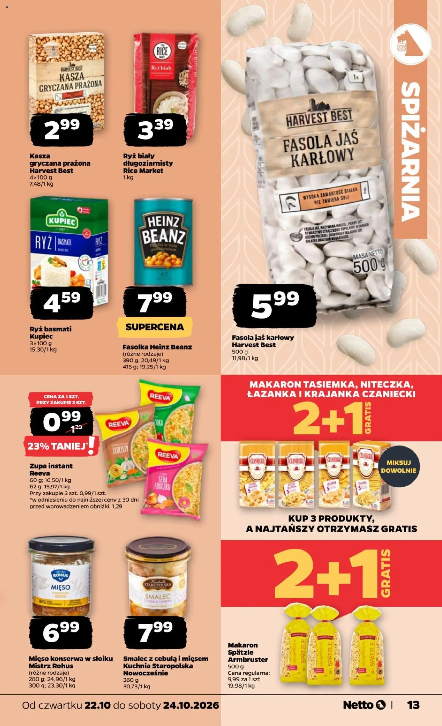 Netto gazetka od czwartku od 22.10.2026 | Strona: 13 | Produkty: Smalec, Ryż biały, Ryż, Ryż basmati