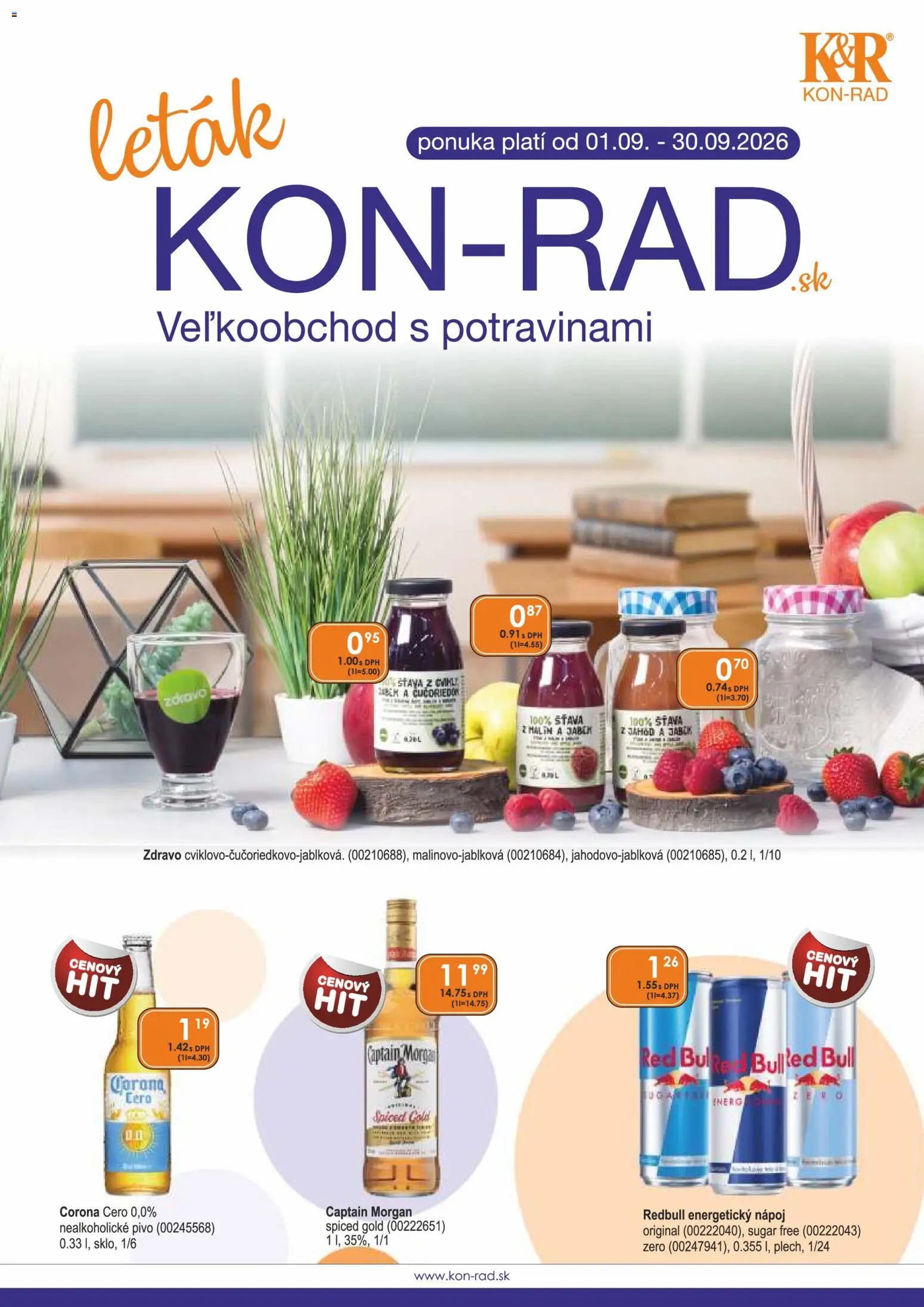 Nové KON - RAD akcie – leták je platný od 01.09.2026 | Strana: 1 | Produkty: Pivo, Captain Morgan, Nealkoholické pivo, Šťava