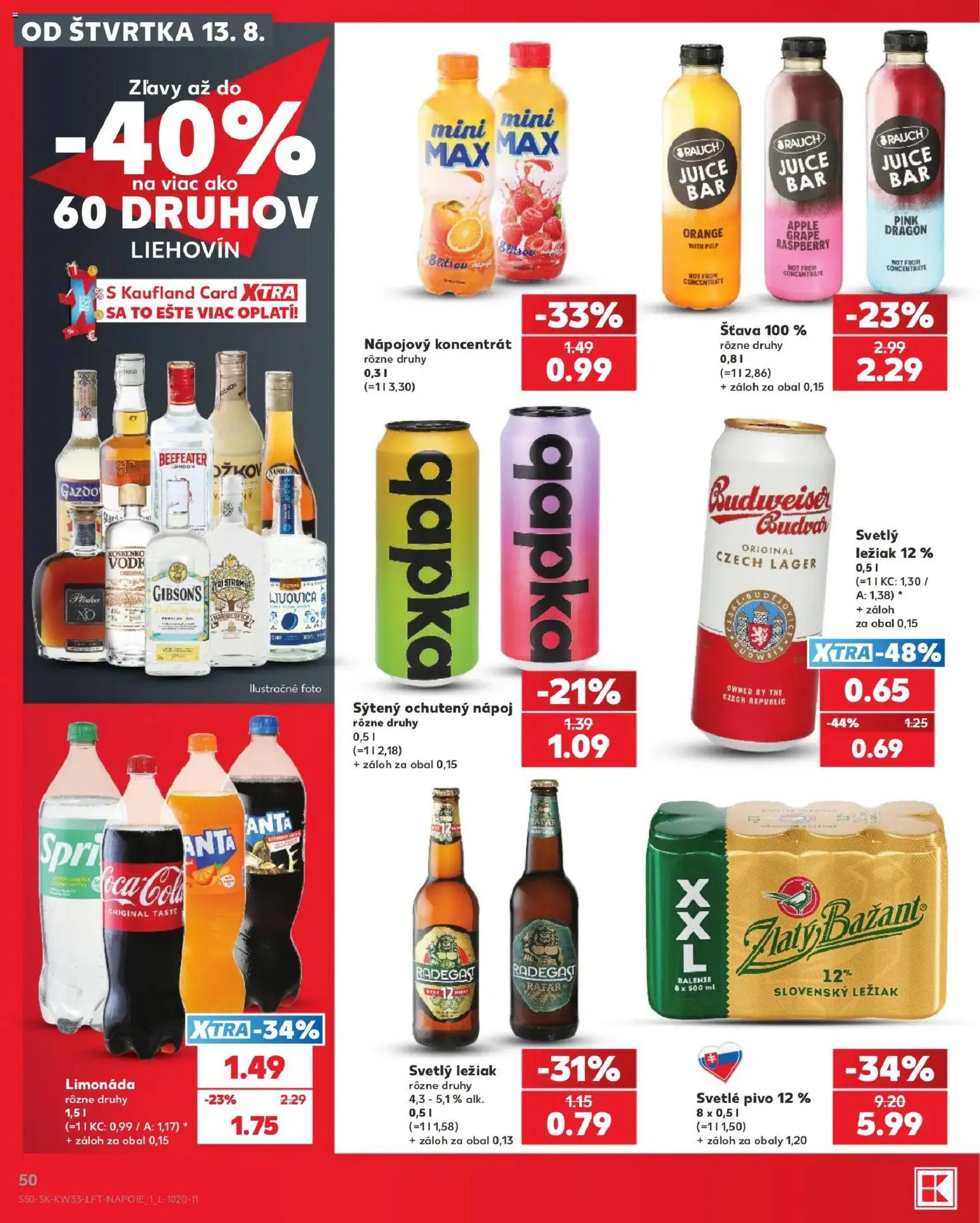 Nové Kaufland akcie – leták je platný od 13.08.2026 | Strana: 50 | Produkty: Beefeater, Apple, Budvar, Šťava